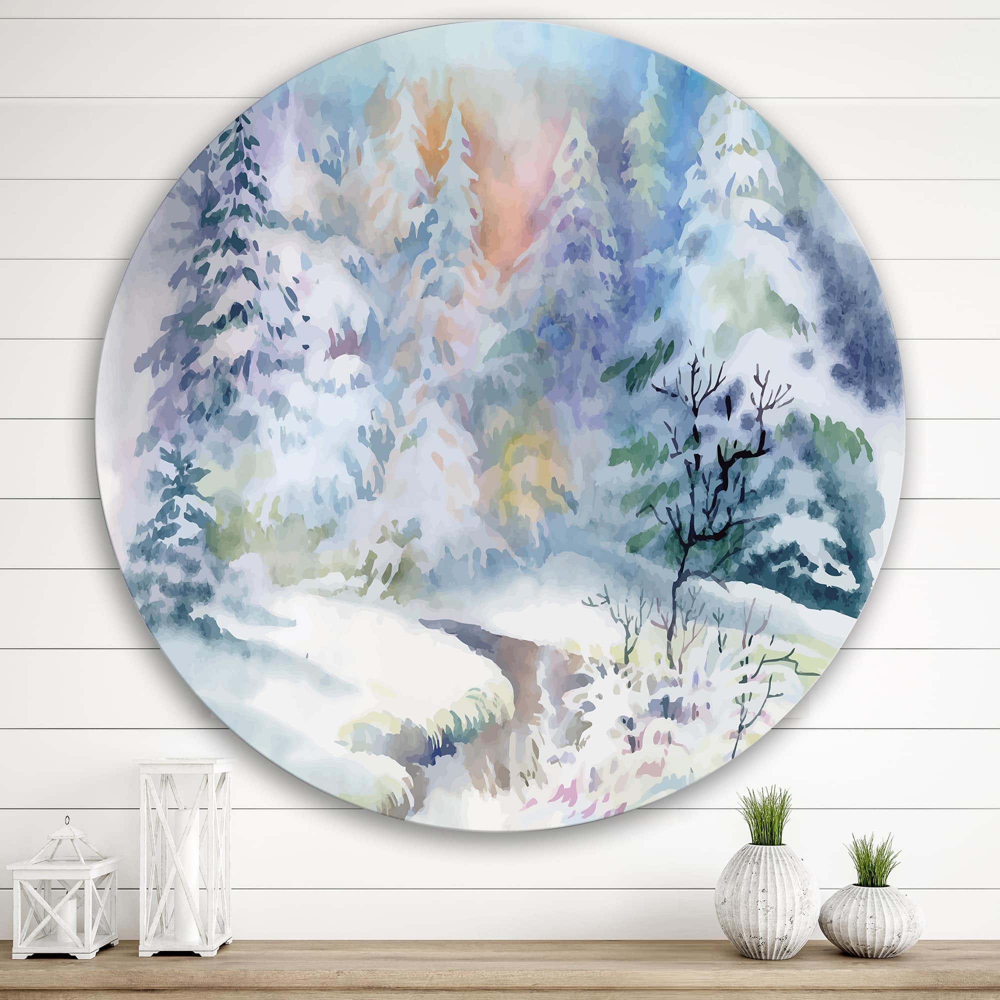 Designart - Winter Landscape With Snowy River I - Traditional Metal Circle Wall Art