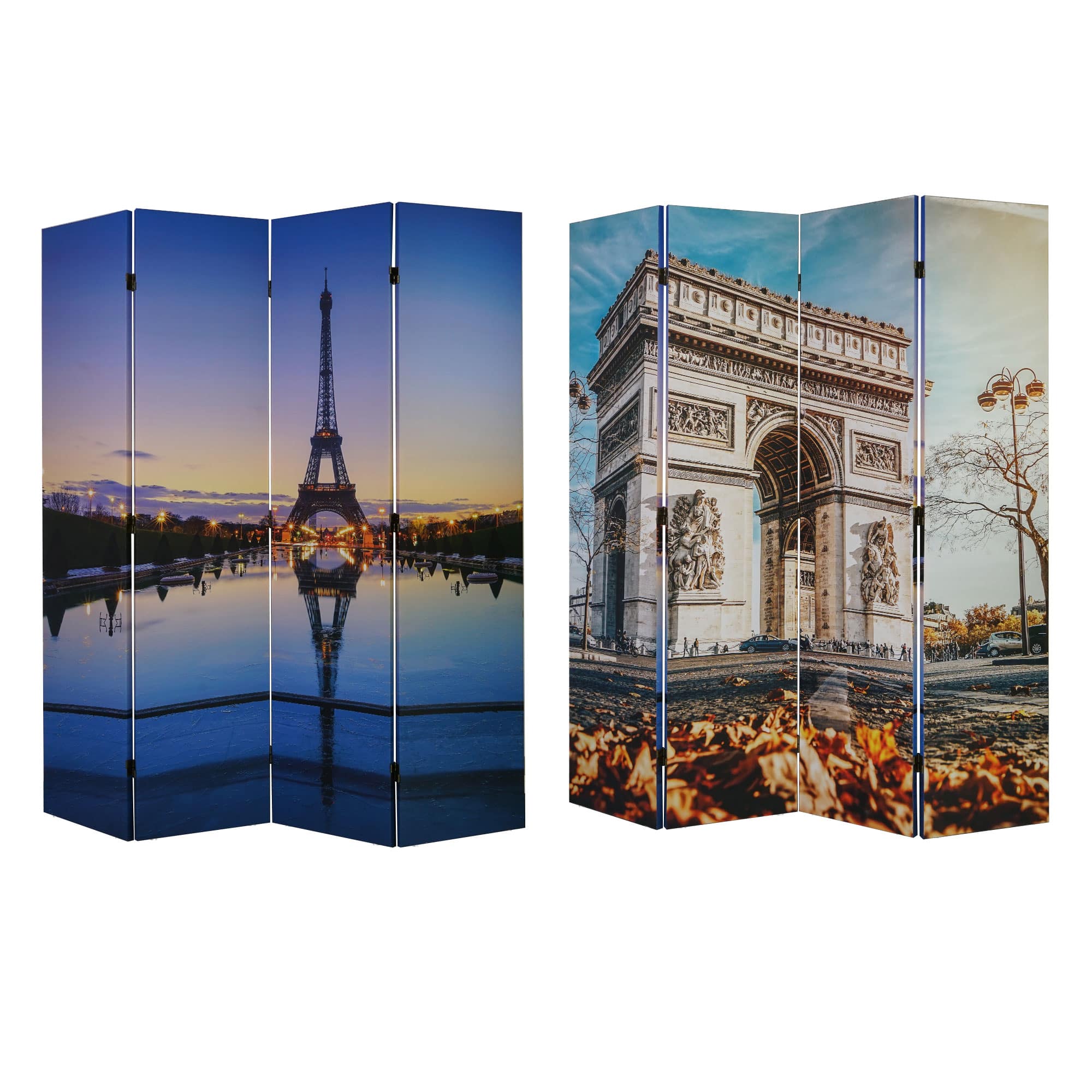 American Art Decor&#x2122; 6ft. Double-Sided 4-Panel Paris Eiffel Tower and Arc de Triomphe Portable Canvas Room Divider
