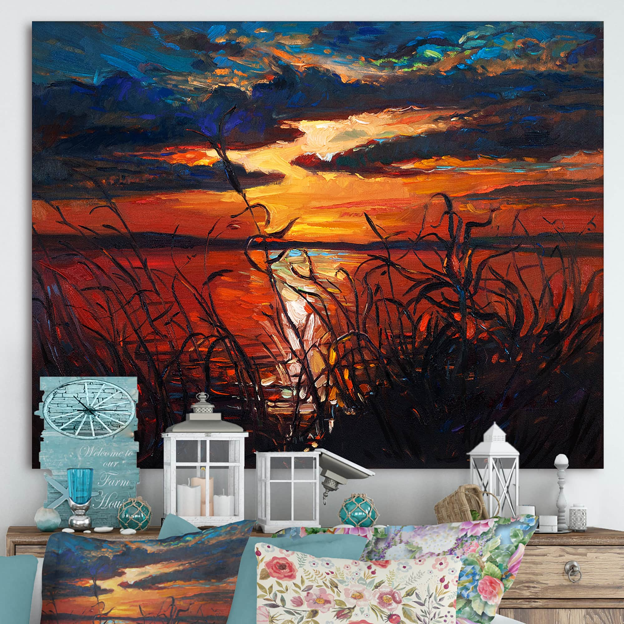 Designart - Romantic Sunset By Lakeside - Farmhouse Canvas Wall Art Print