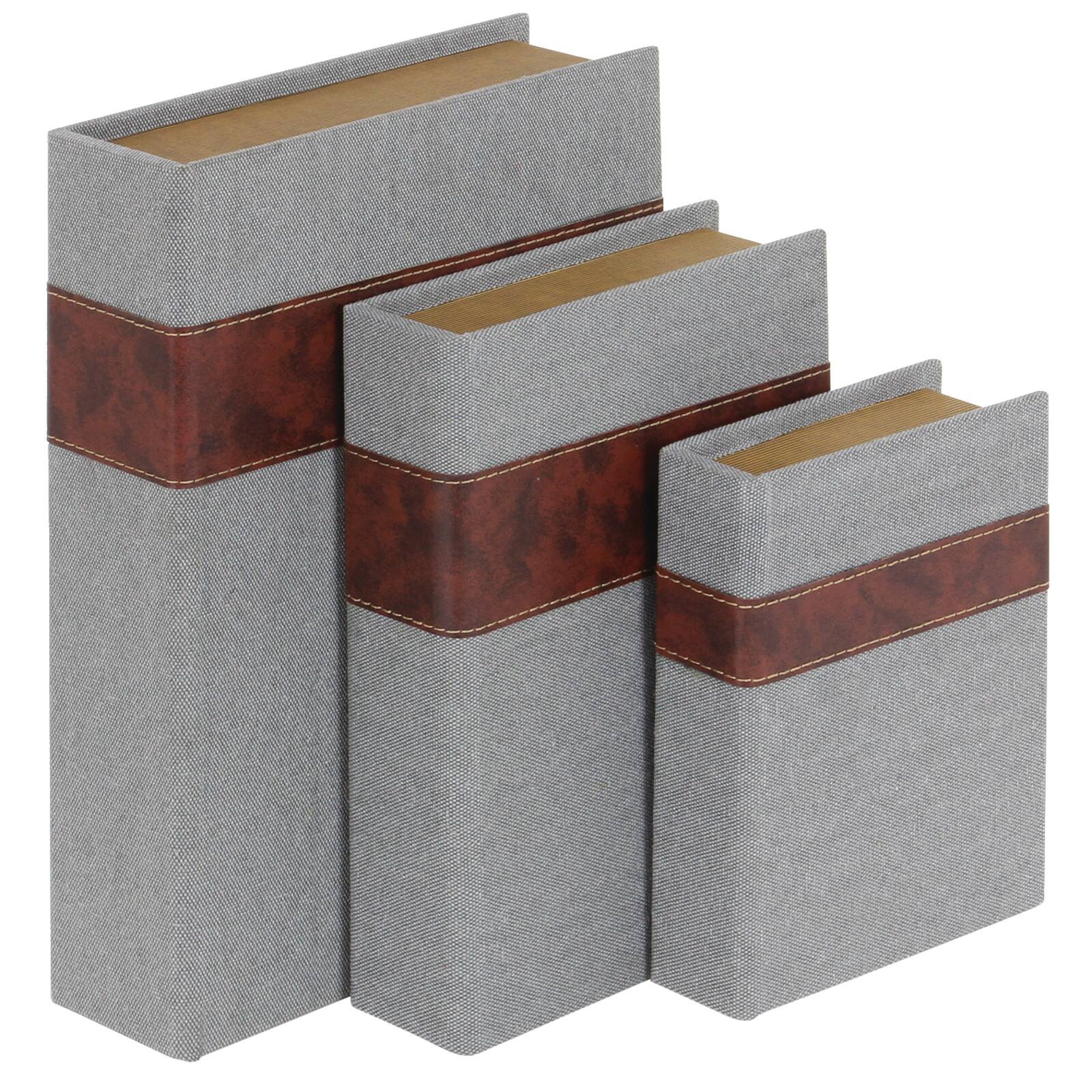 Gray Linen Faux Book Box with Faux Leather Detailing Set
