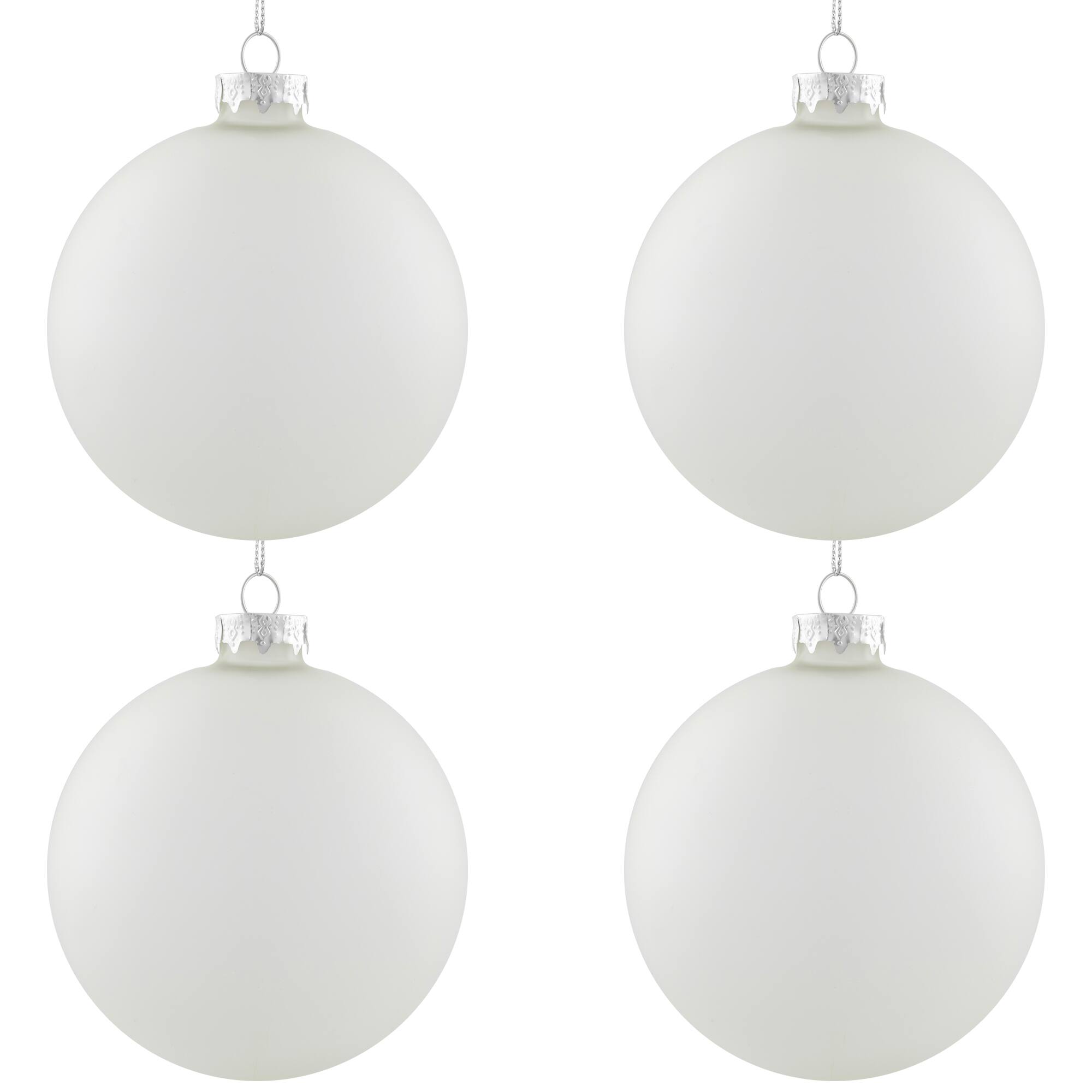 4ct. 4" White & Silver Frosted Matte Glass Ball Ornaments