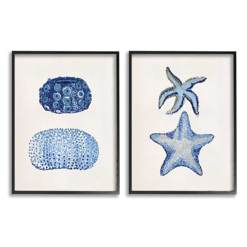 Stupell Industries Minimal Nautical Sea Creatures Blue White Painting in Black Frame Wall Art
