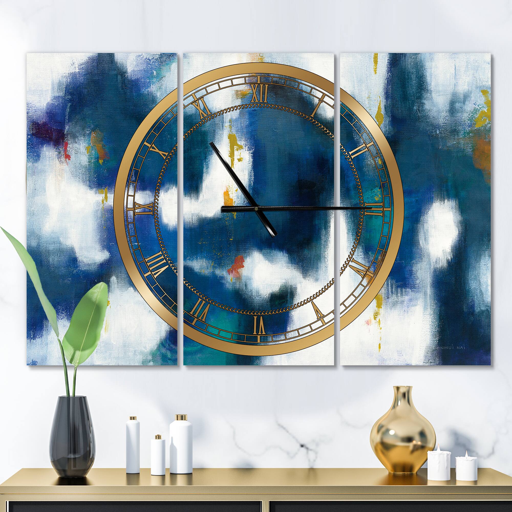 Designart 'Blue Glam Texture Ii Modern Multipanel Wall Clock