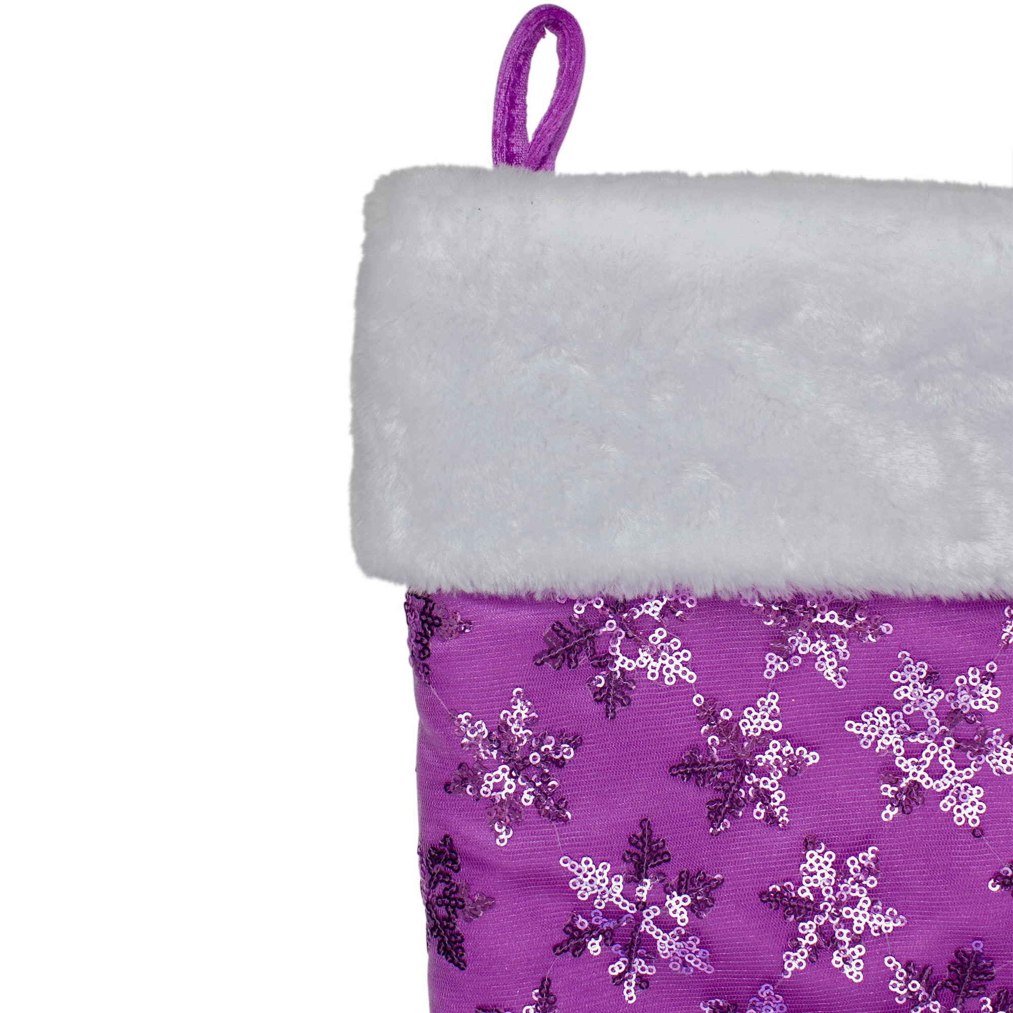 20.5" Sequin Snowflake Stocking with White Faux Fur Cuff, Purple