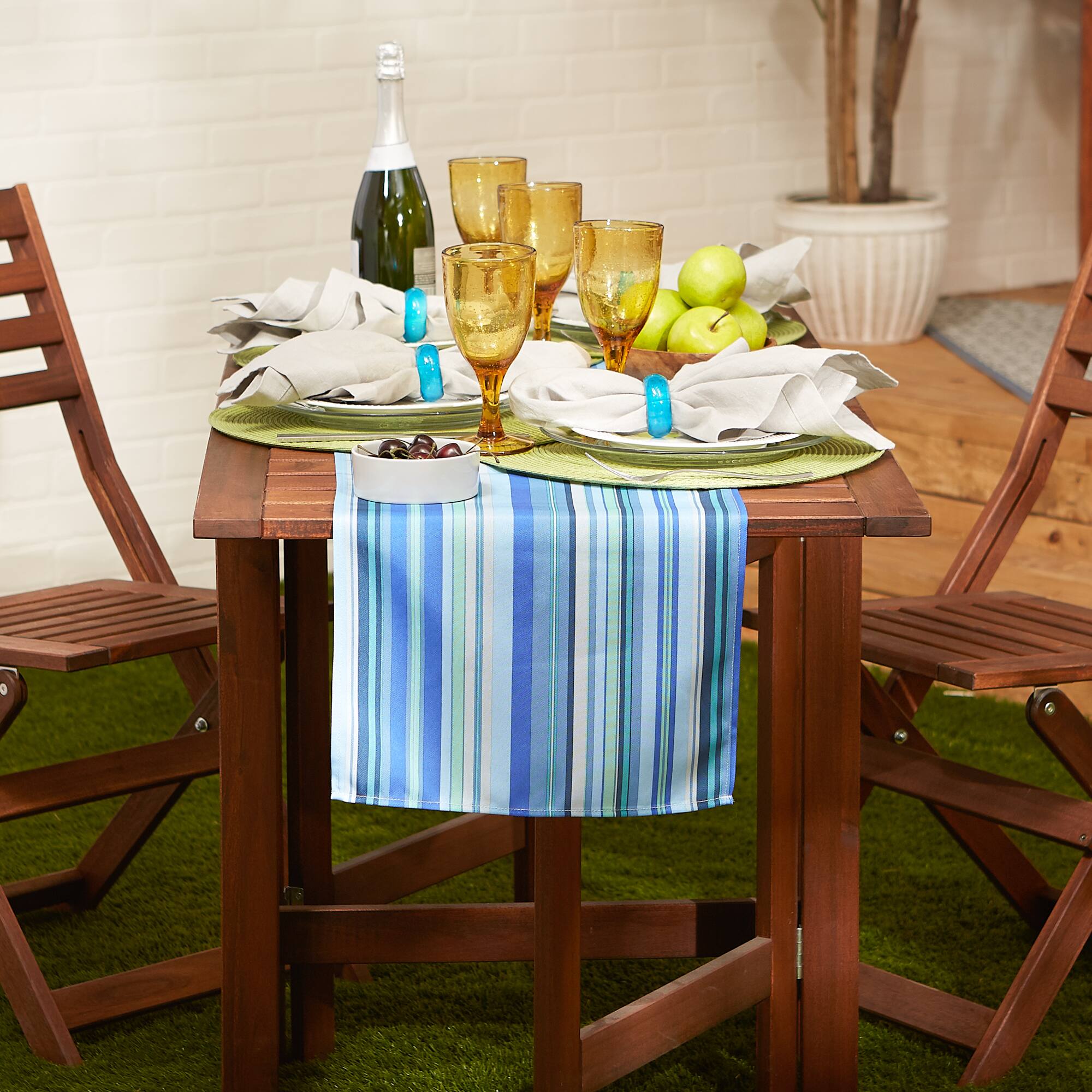 DII® Blue Ocean Stripe Print Outdoor Table Runner, 14x72