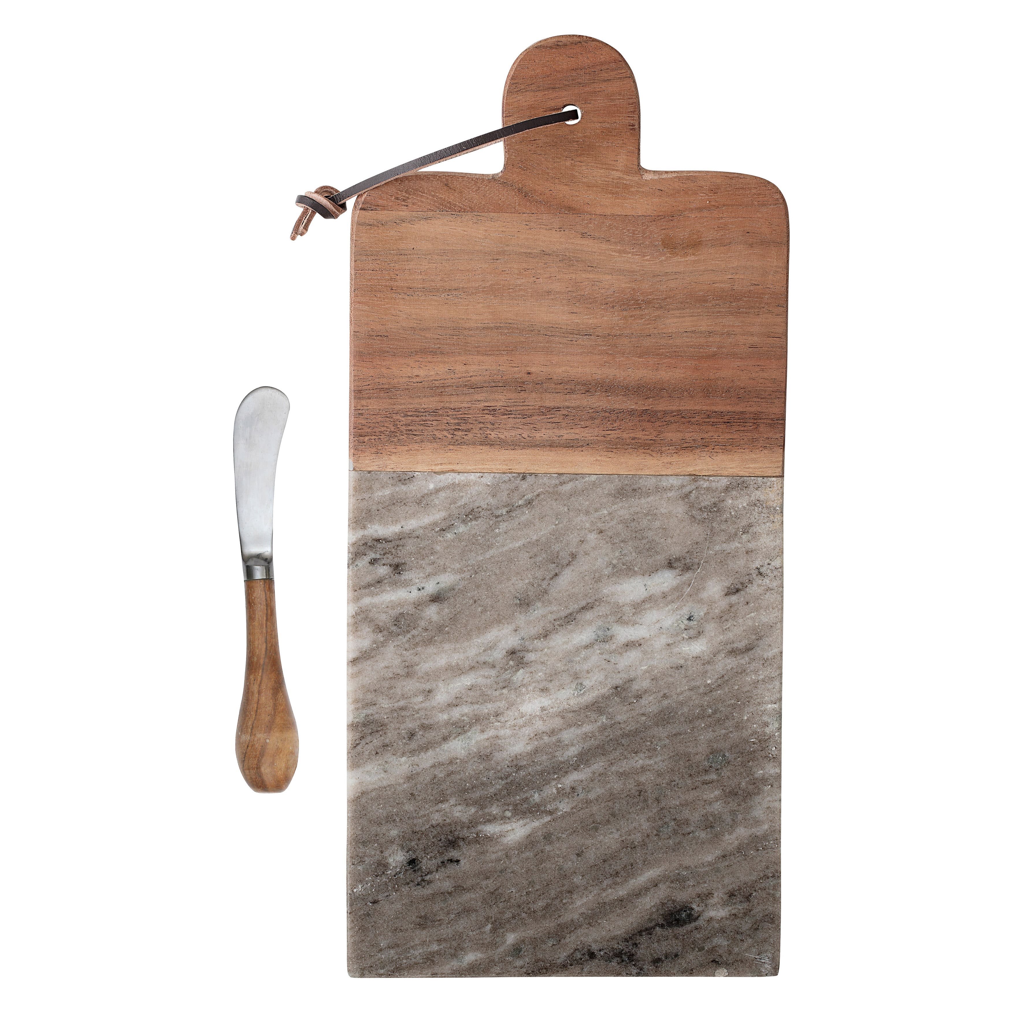 Marble &#x26; Acacia Wood Cutting Board Tray with Knife &#x26; Leather Tie