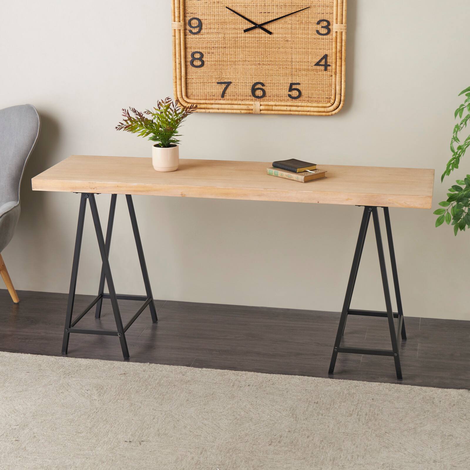 63" Brown Living Room Console Table with Black Metal Supports