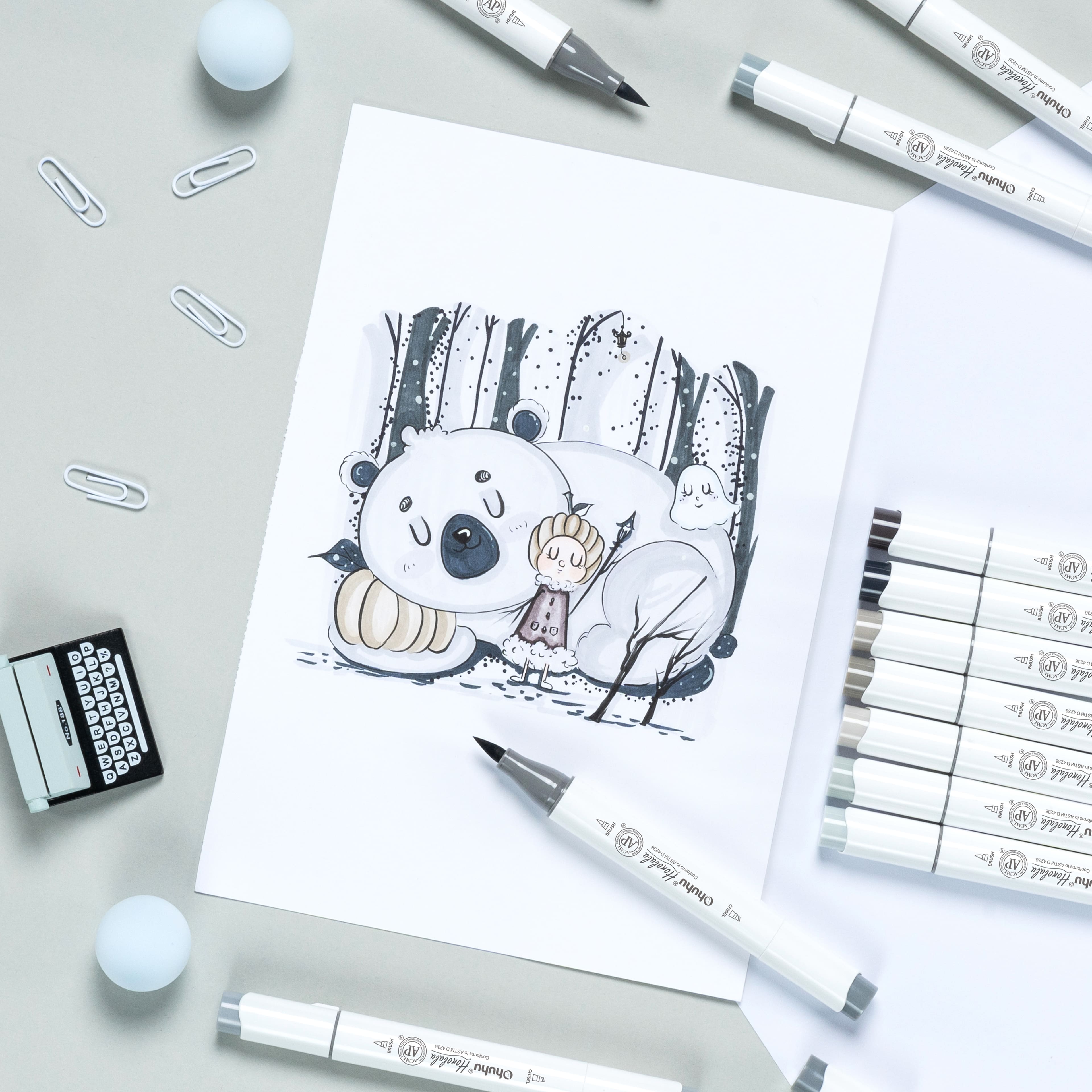 Ohuhu&#xAE; Honolulu Brush &#x26; Chisel Dual Tip Gray Tones Marker Set
