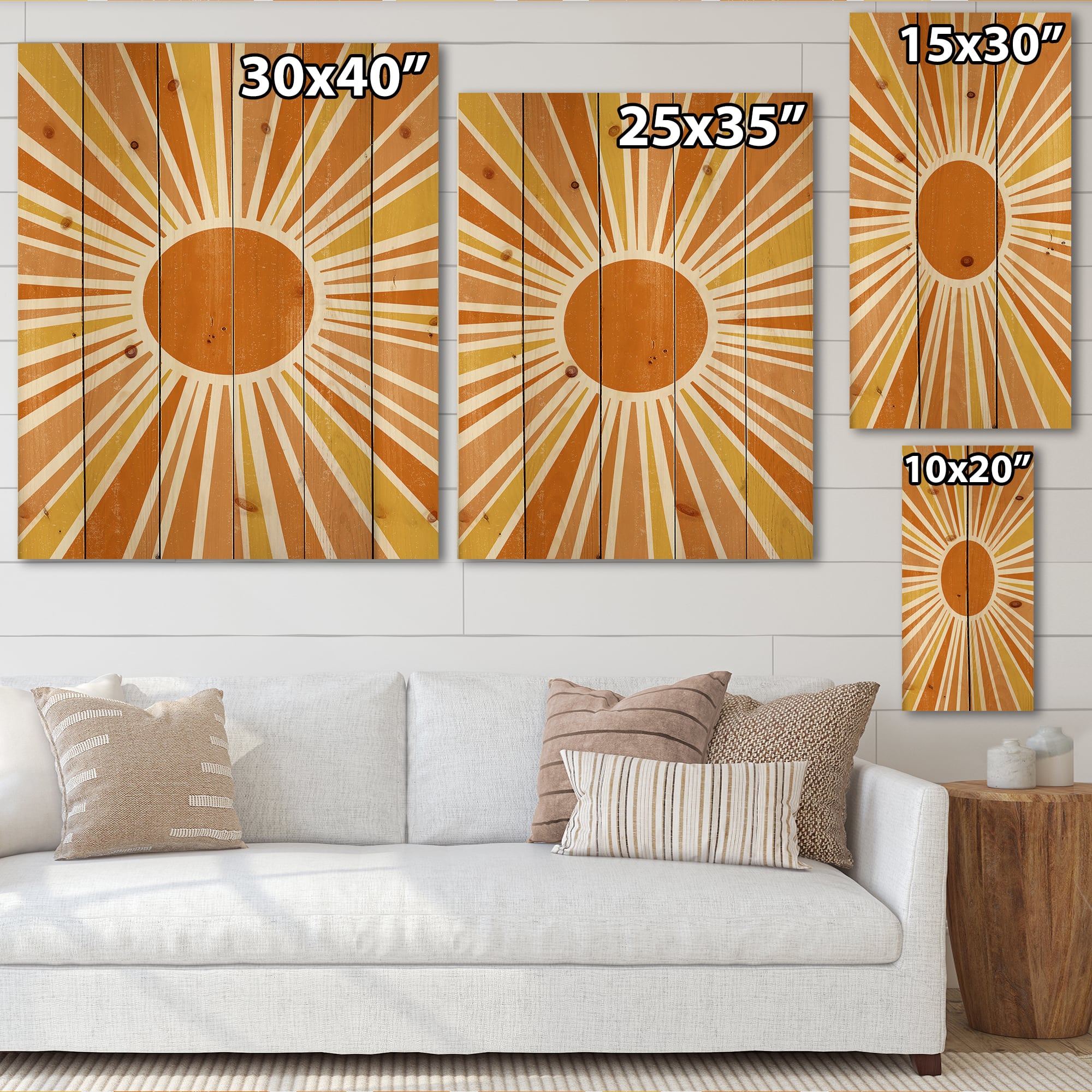 Designart - Minimalist Bright Shining Orange Sun Rays I - Modern Print on Natural Pine Wood