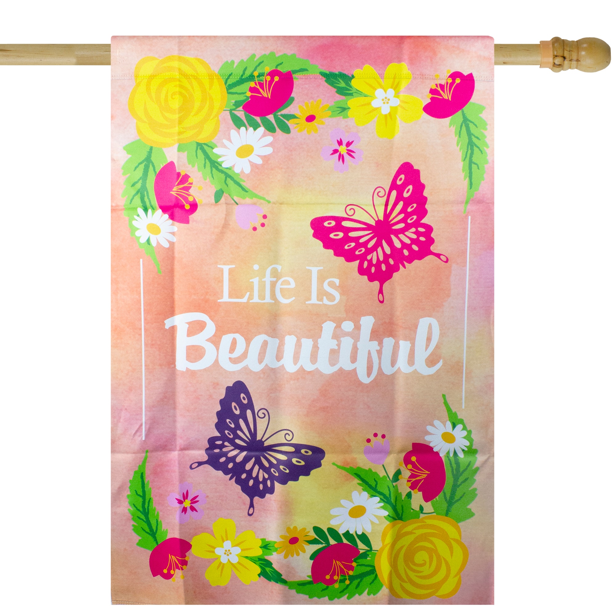 40" Multicolor Life is Beautiful Pink Floral Outdoor House Flag