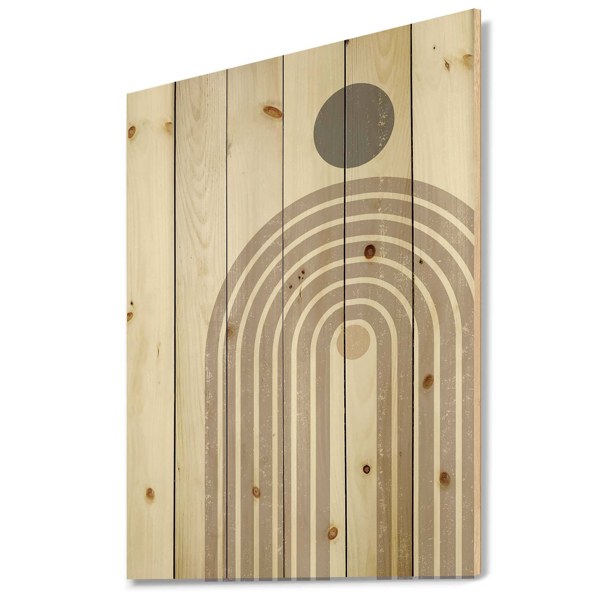 Designart - Abstract Rainbow Sun and Moon In Earth Tones I - Modern Print on Natural Pine Wood