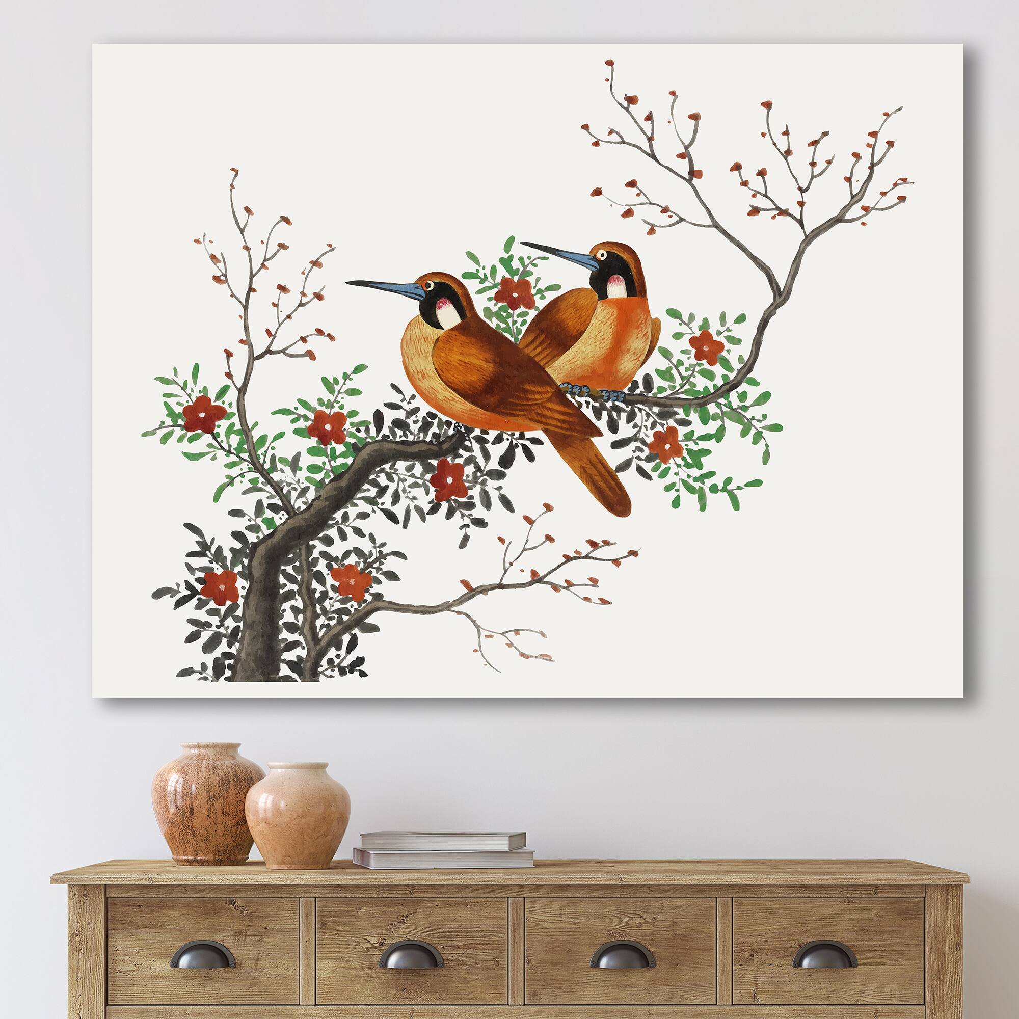 Designart - Two Chinese Birds On A Flowering Tree Branch - Traditional Canvas Wall Art Print