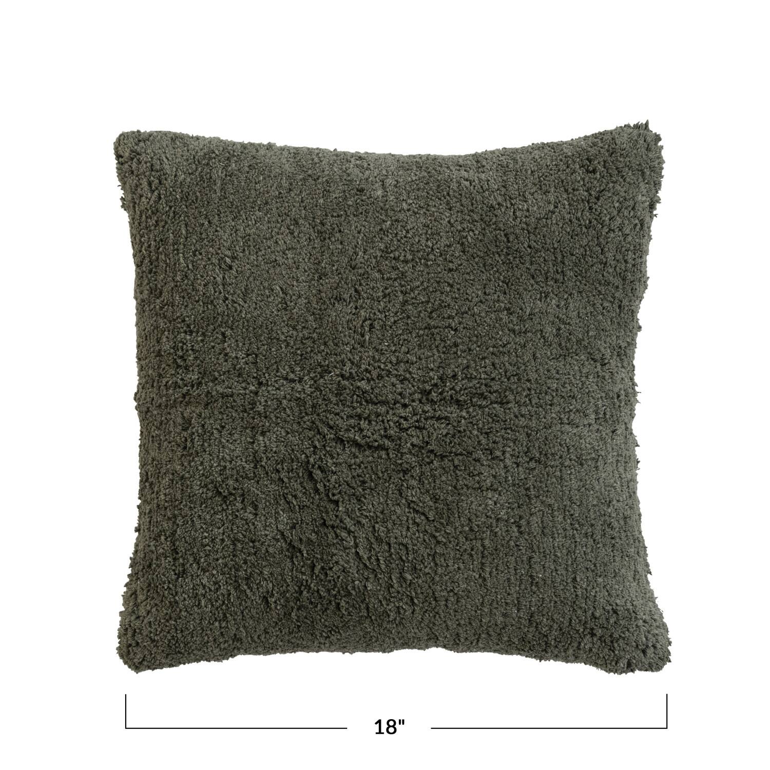 Forest Green Cotton Tufted Pillow with Natural Chambray Back