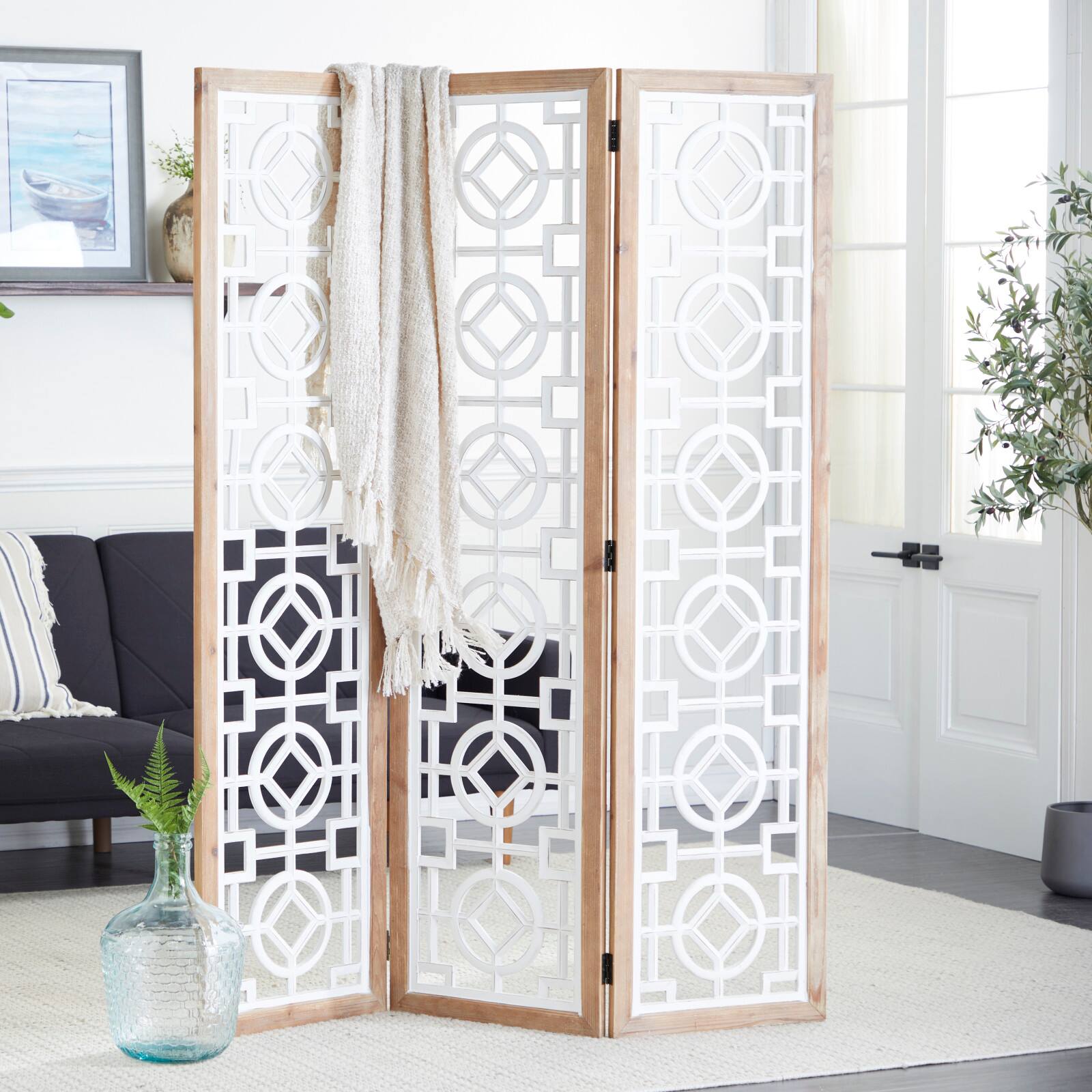 White Wood Farmhouse Room Divider Screen, 72&#x22; x 54&#x22; x 1&#x22;