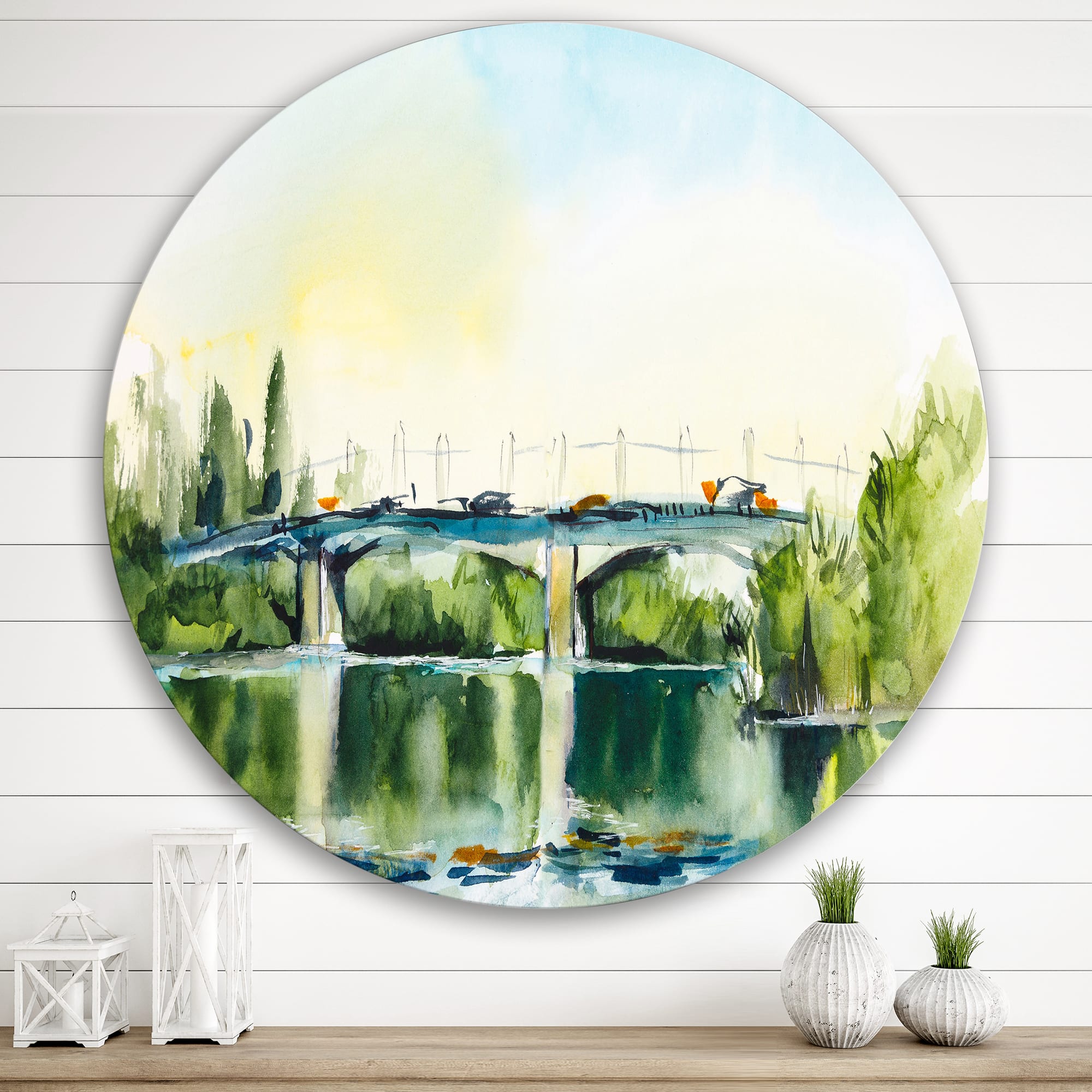 Designart - Landscape With Old Bridge In The Countryside - Traditional Metal Circle Wall Art