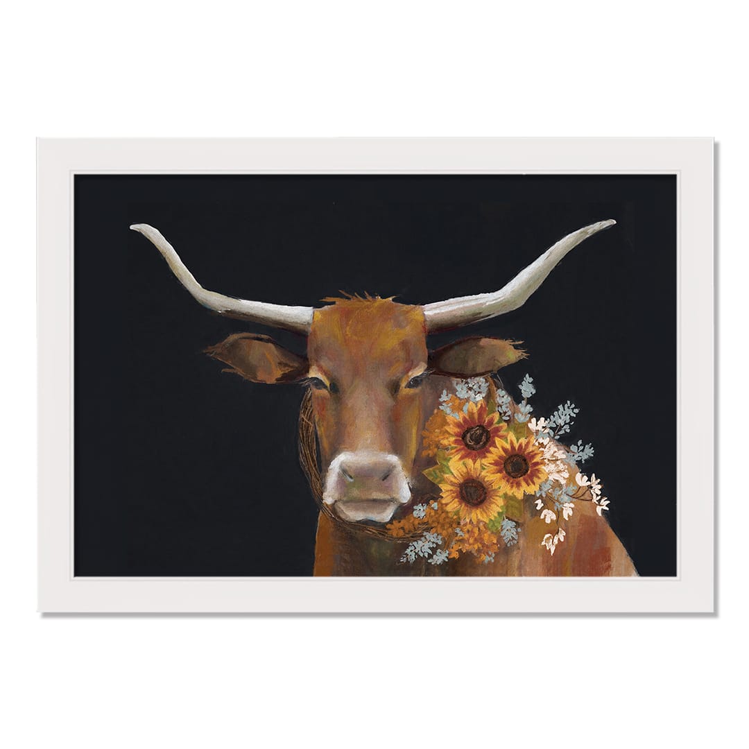 Longhorn With Sunflowers 31.63&#x22; x 21.63&#x22; White Framed Canvas