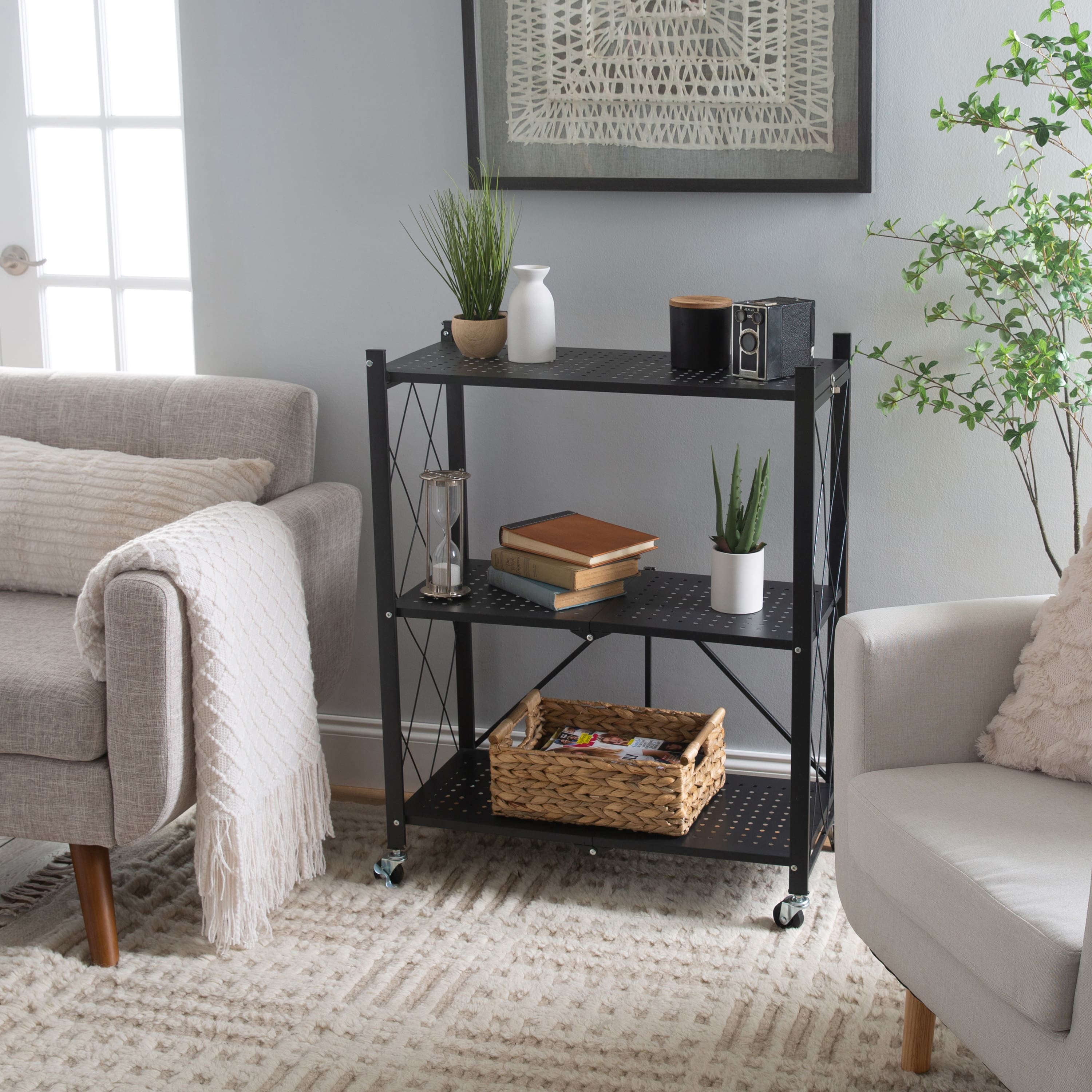 Organize It All Black 3-Tier Foldable Metal Rack with Wheels