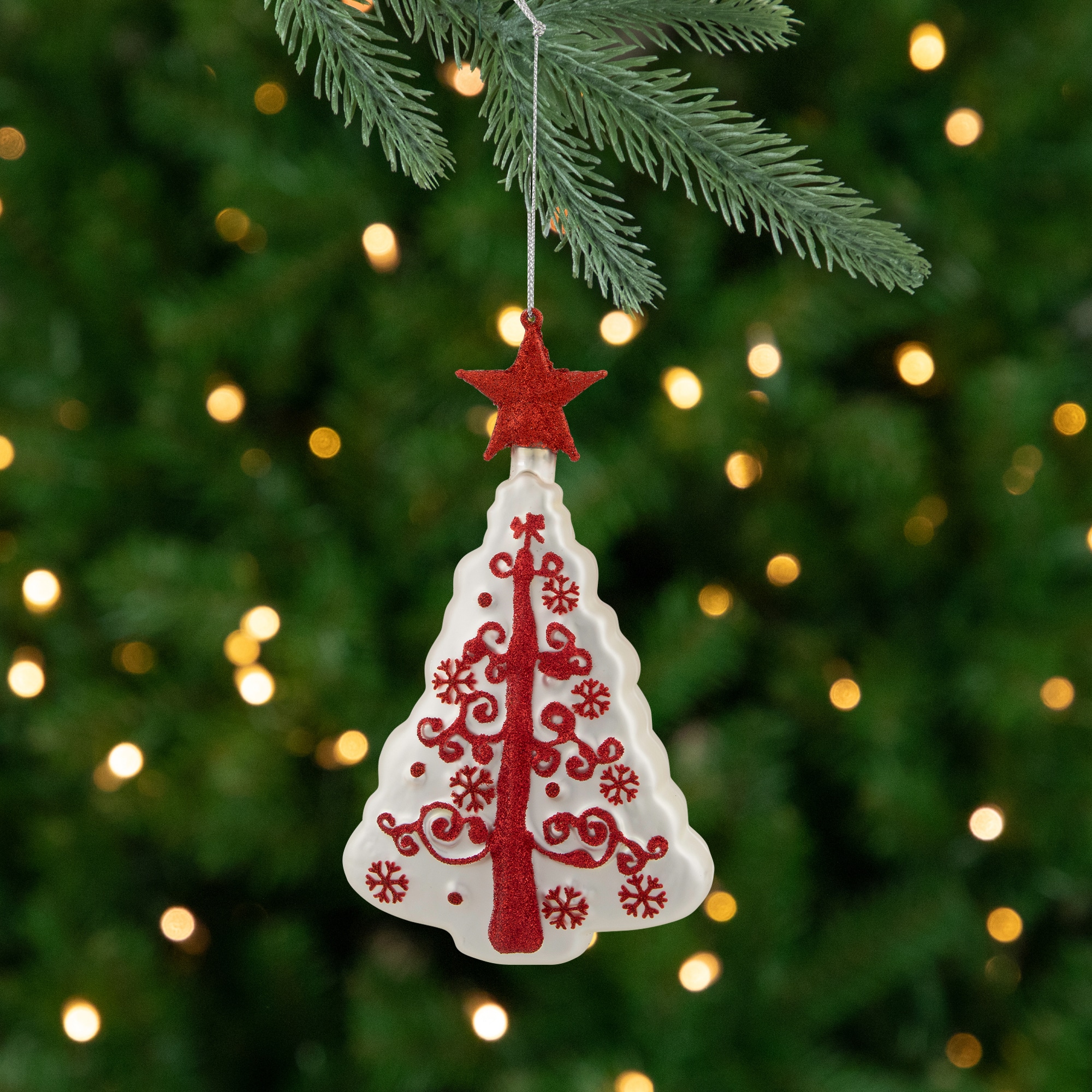 6" White & Red Christmas Tree Glass Ornament