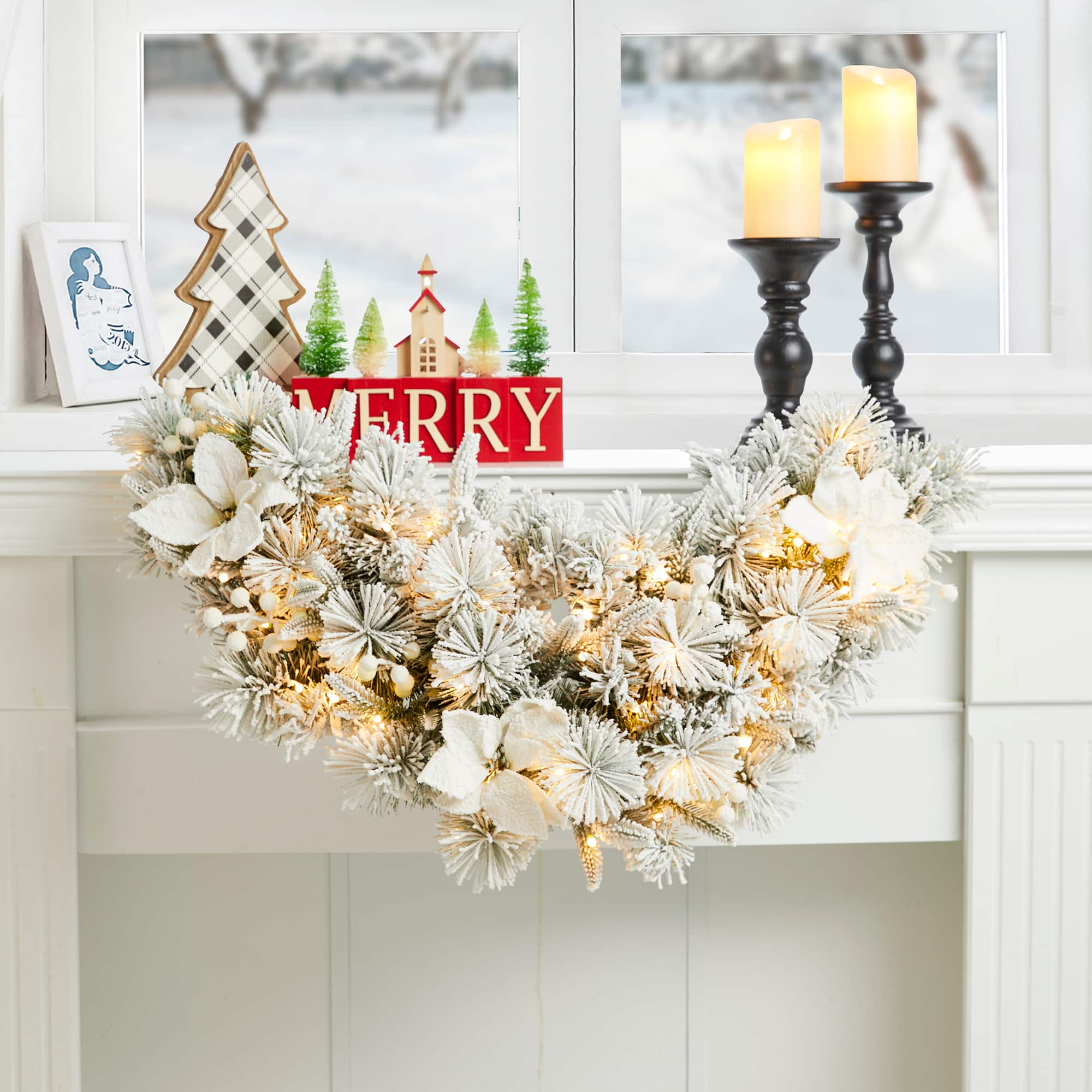 Glitzhome&#xAE; 36&#x22; Pre-Lit Flocked Greenery Pine White Poinsettia &#x26; Berry Christmas Swag with Timer