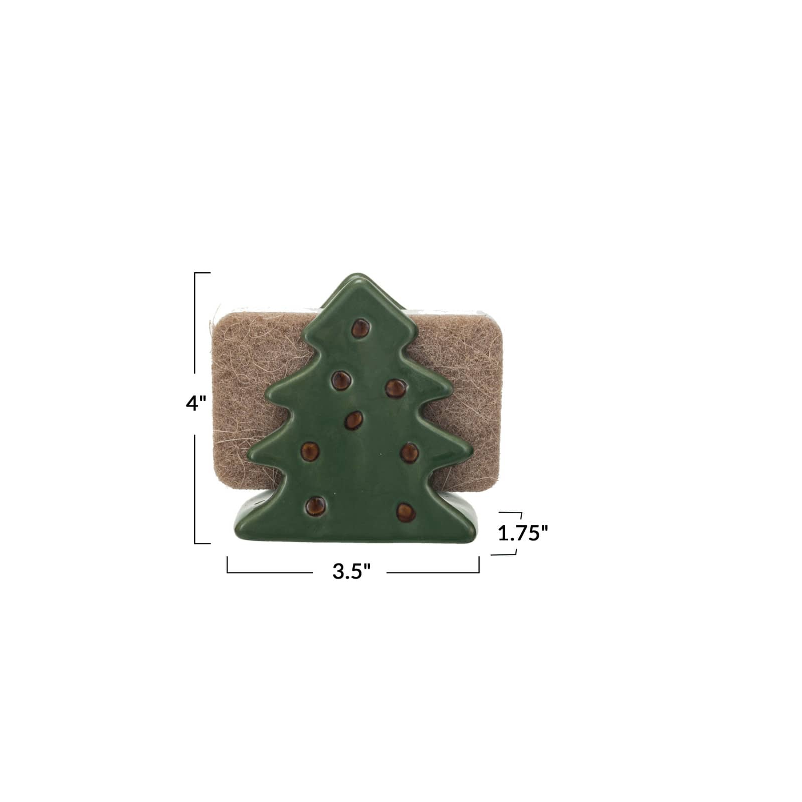 4&#x22; Green &#x26; Brown Stoneware Christmas Tree Shaped Sponge Holders with Sponge &#x26; Reactive Glaze, 2ct.