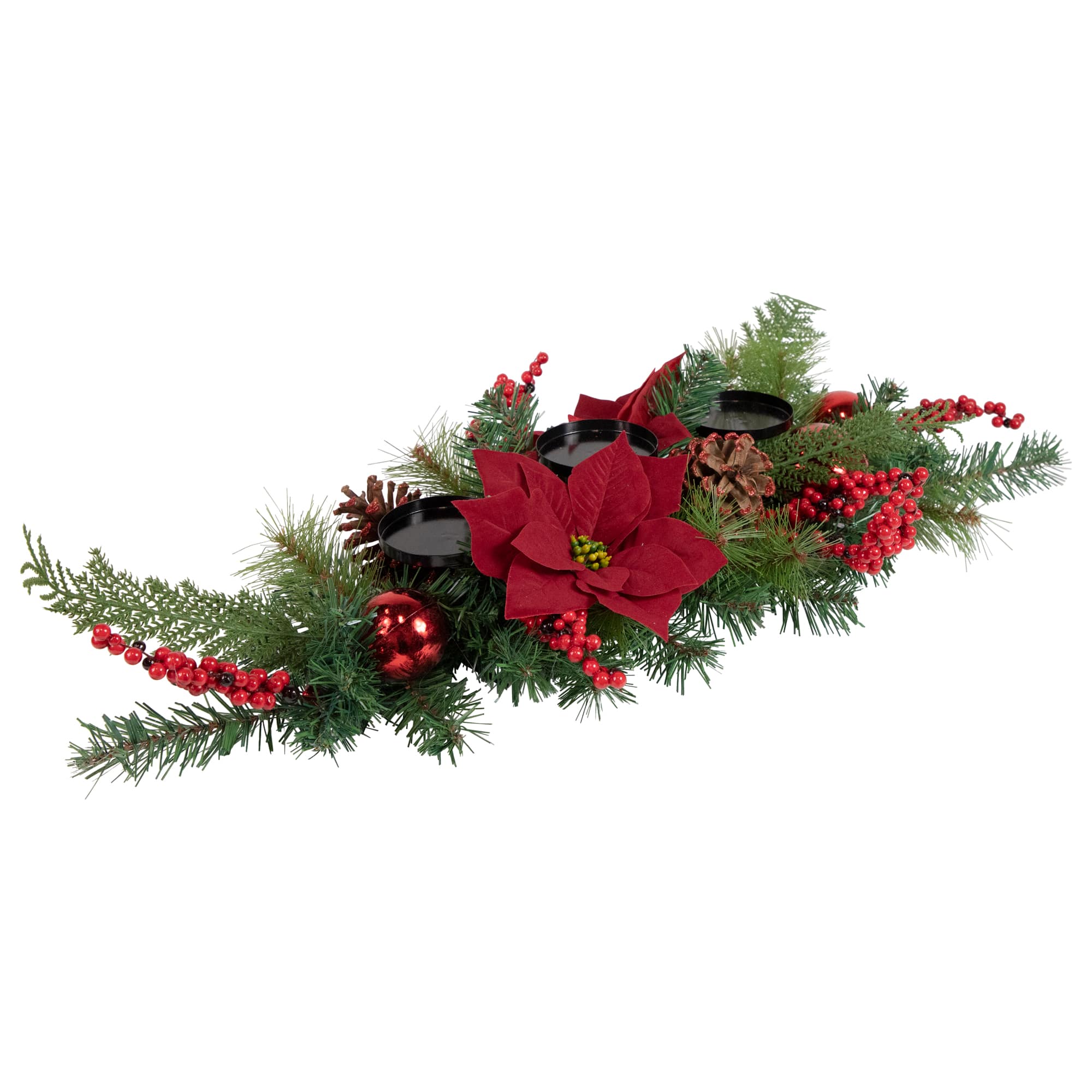 32&#x22; Artificial Mixed Pine Berries &#x26; Poinsettia Christmas Candle Holder Centerpiece