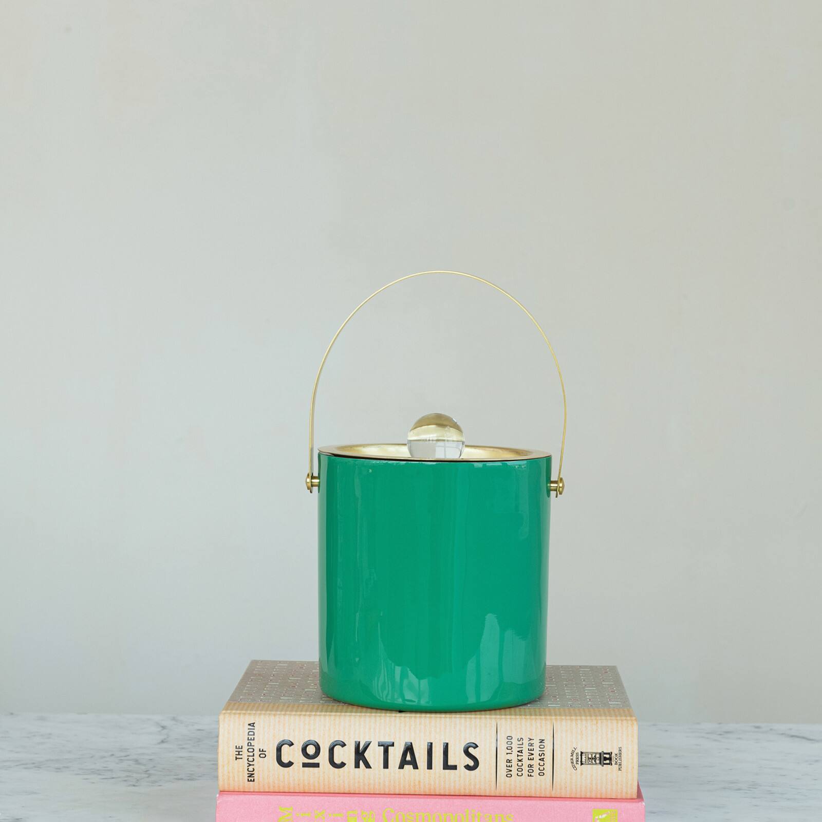 Hello Honey 1.5-Quart Enameled Stainless Steel Ice Bucket with Lid and Glass Knob, Gold Finish and Turquoise Color