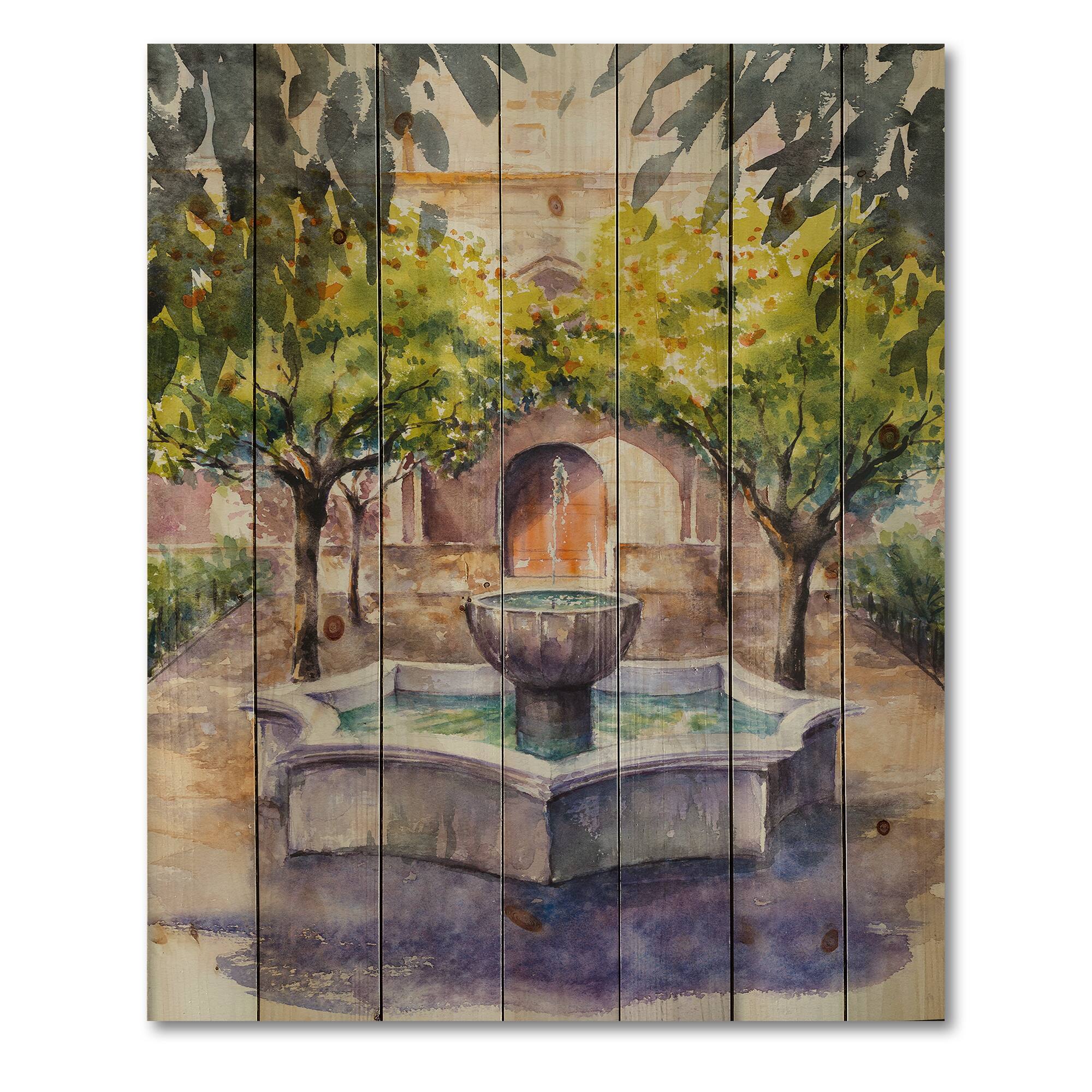 Designart - Small Fountain Picture With Trees In The Village - Country Print on Natural Pine Wood