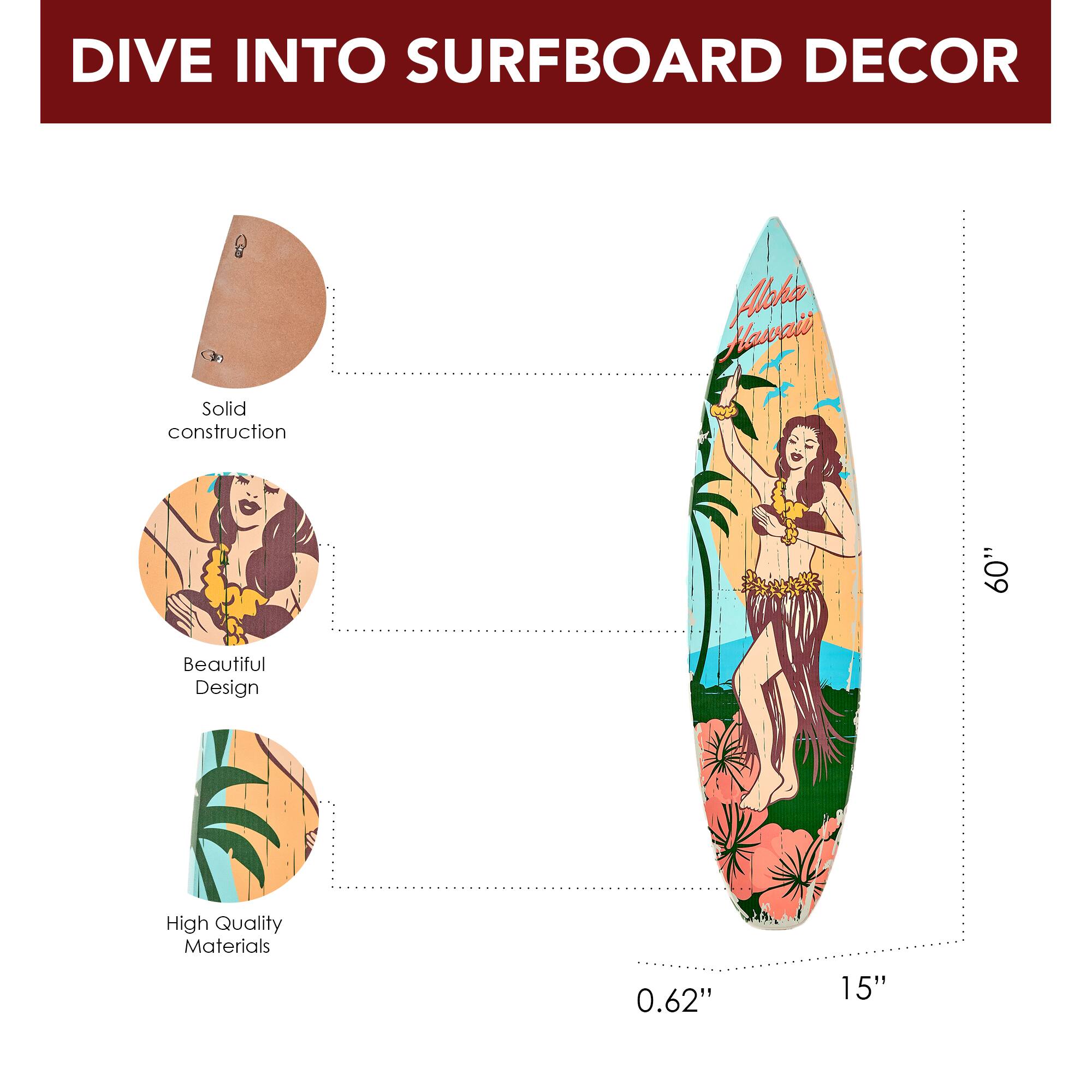 American Art Decor Aloha Hawaii Surfboard Plague Wall Sign - 15&#x22; x 59.625&#x22;
