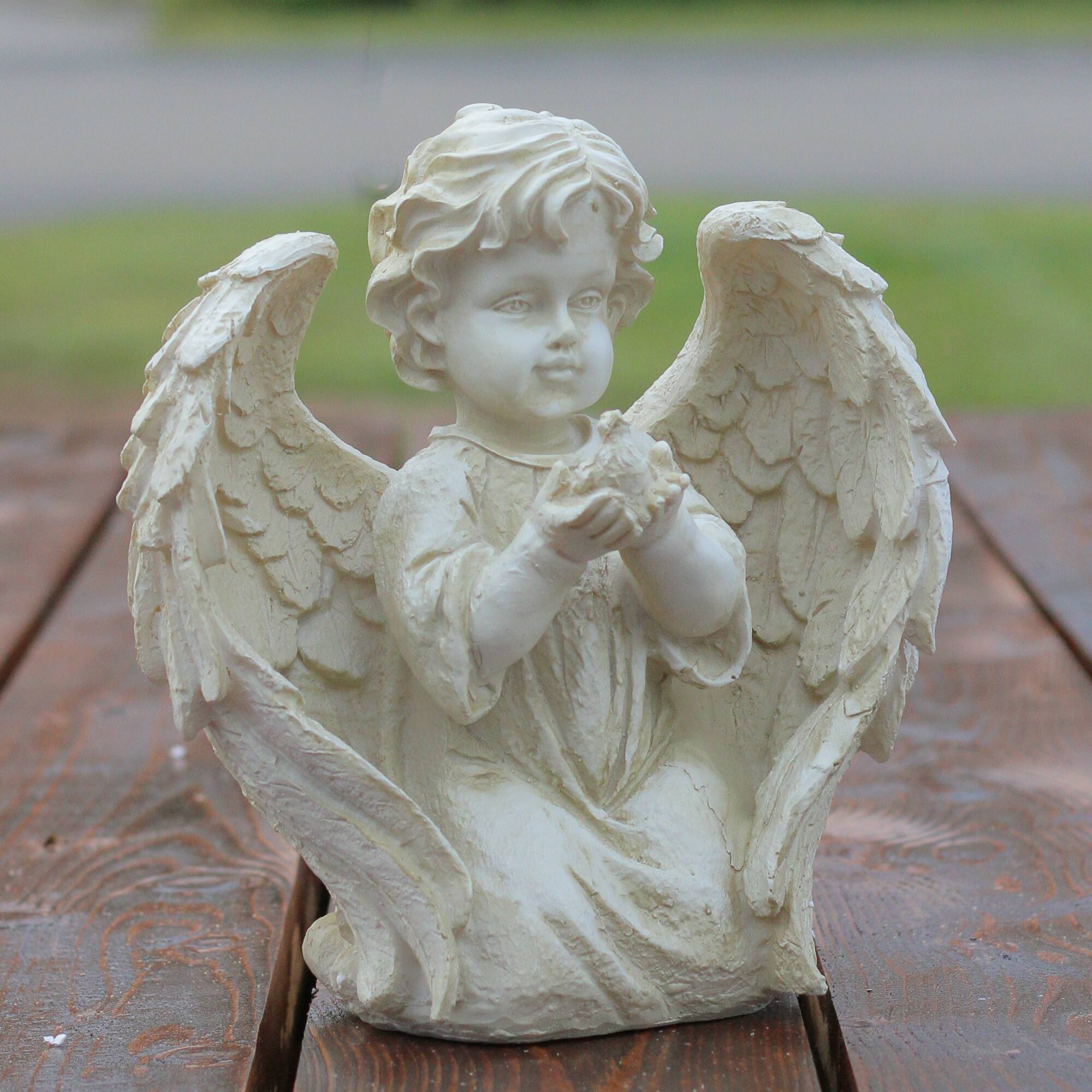10" Ivory Kneeling Cherub Angel with Dove Garden Statue
