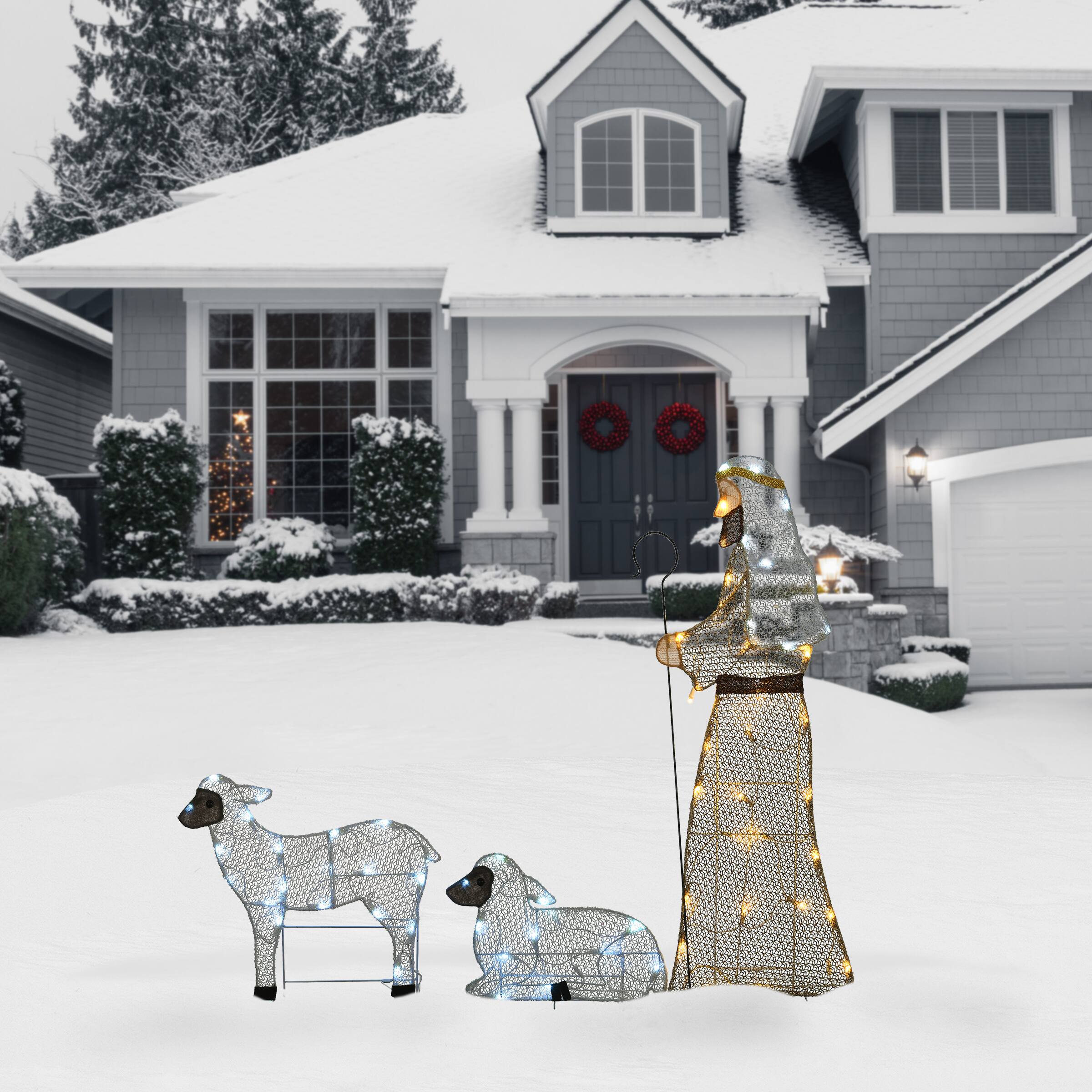 Fabric Glitter Shepherd and Sheep Set with Warm & Cool White UL LED Lights