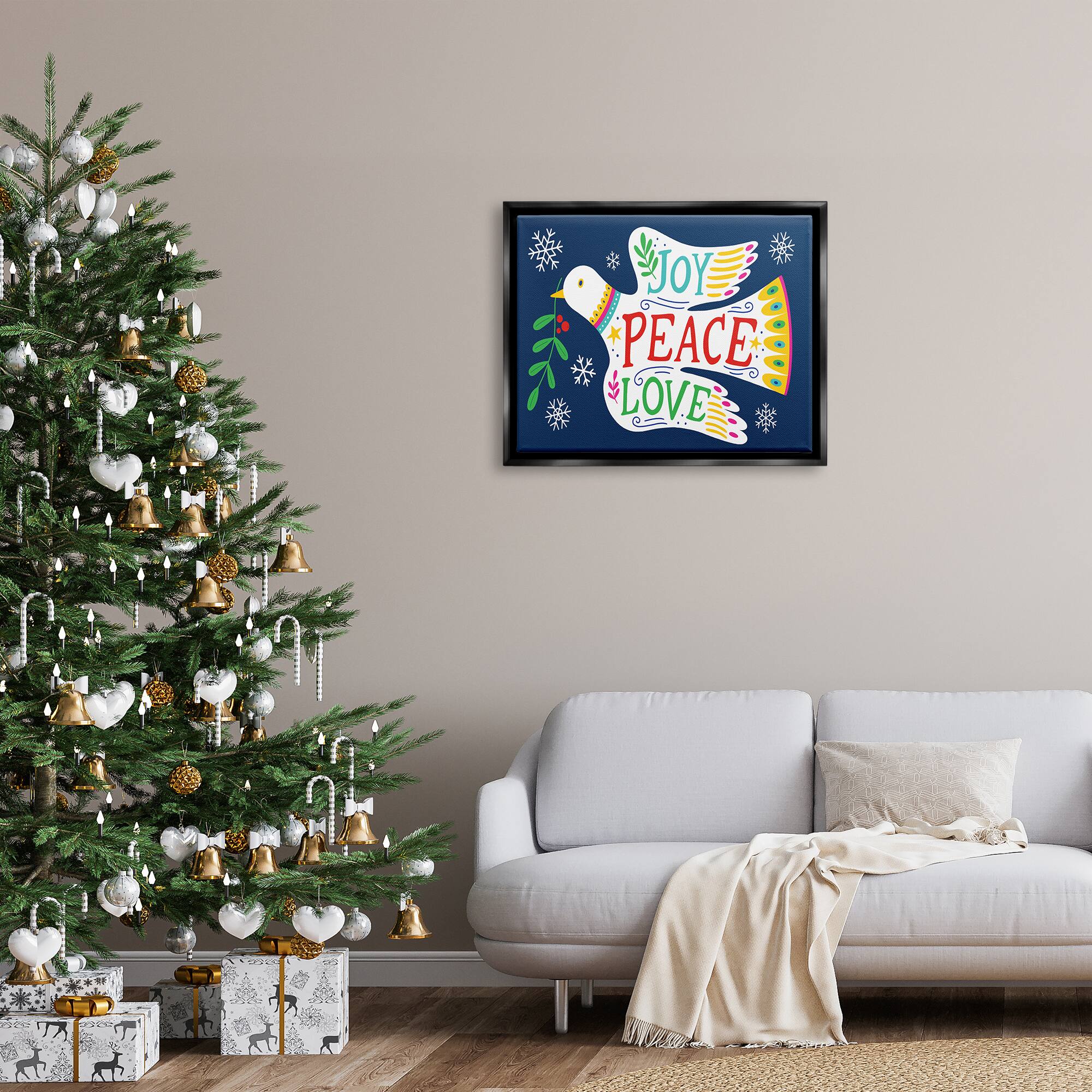 Stupell Industries Joy Peace Love Dove Holly Sprig Framed Floater Canvas Wall Art