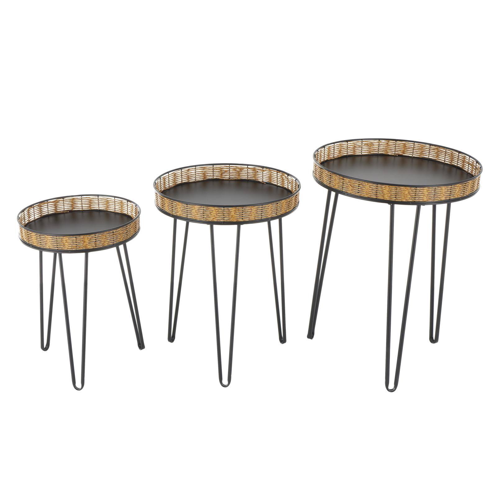 Black Metal Handmade Accent Table with Rattan Tabletop Set