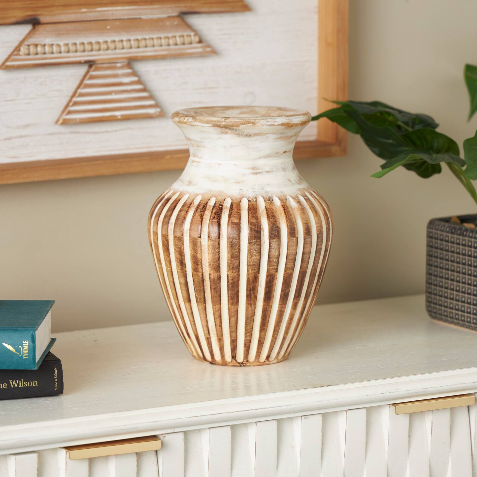 11" Brown Mango Wood Vase with Carved Grooves