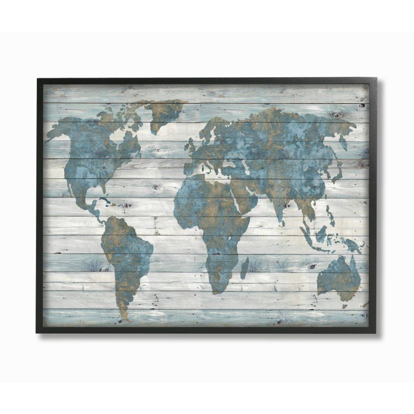 Stupell Industries Weathered World Map Black Framed Print