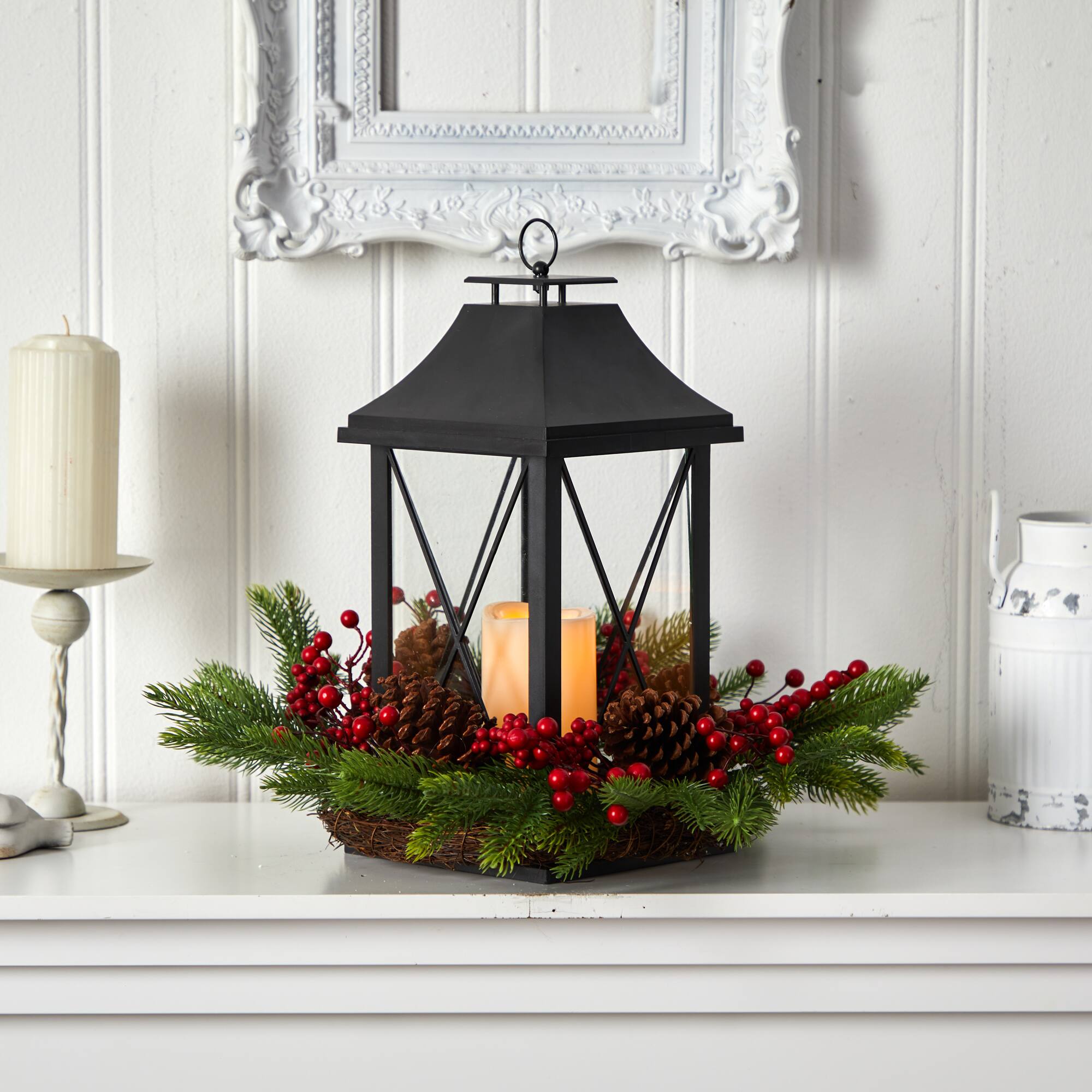 16" Christmas Berries, Pinecones & Greenery with Lantern and LED Candle Artificial Table Arrangement