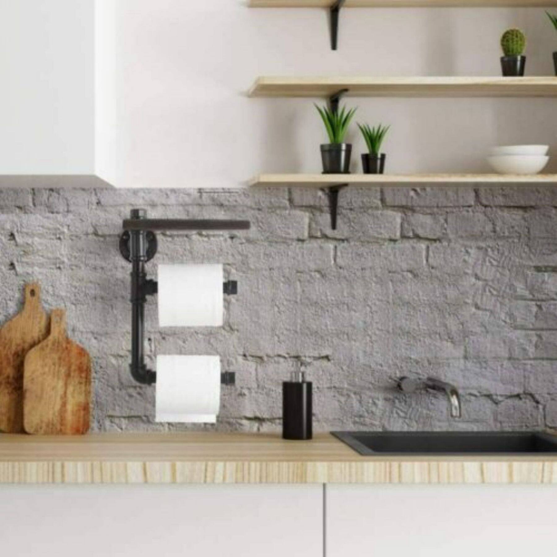 Black Wall-Mounted Double Toilet Paper Holder with Wooden Shelf
