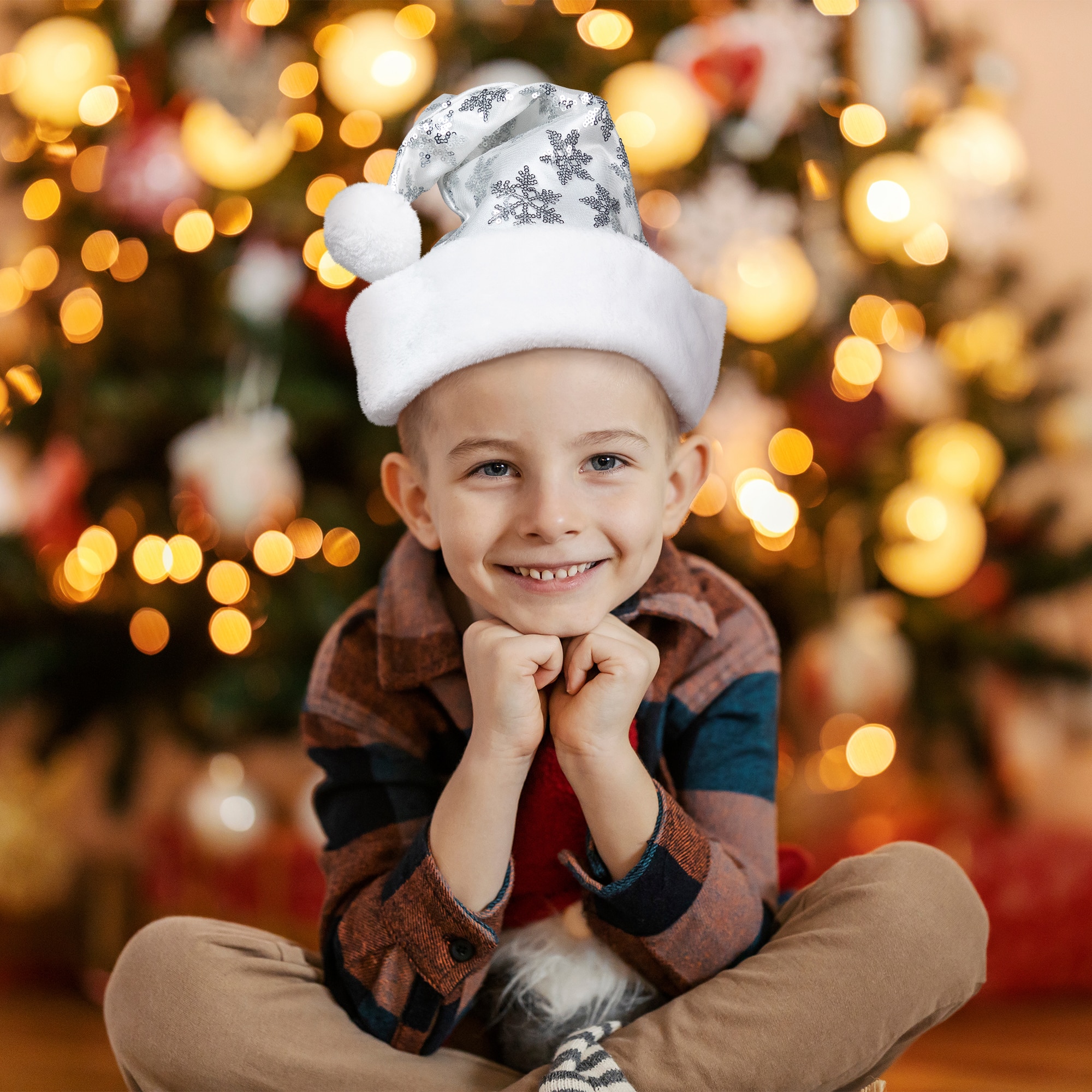 14" Adult Medium Sequin Snowflake Santa Hat, White