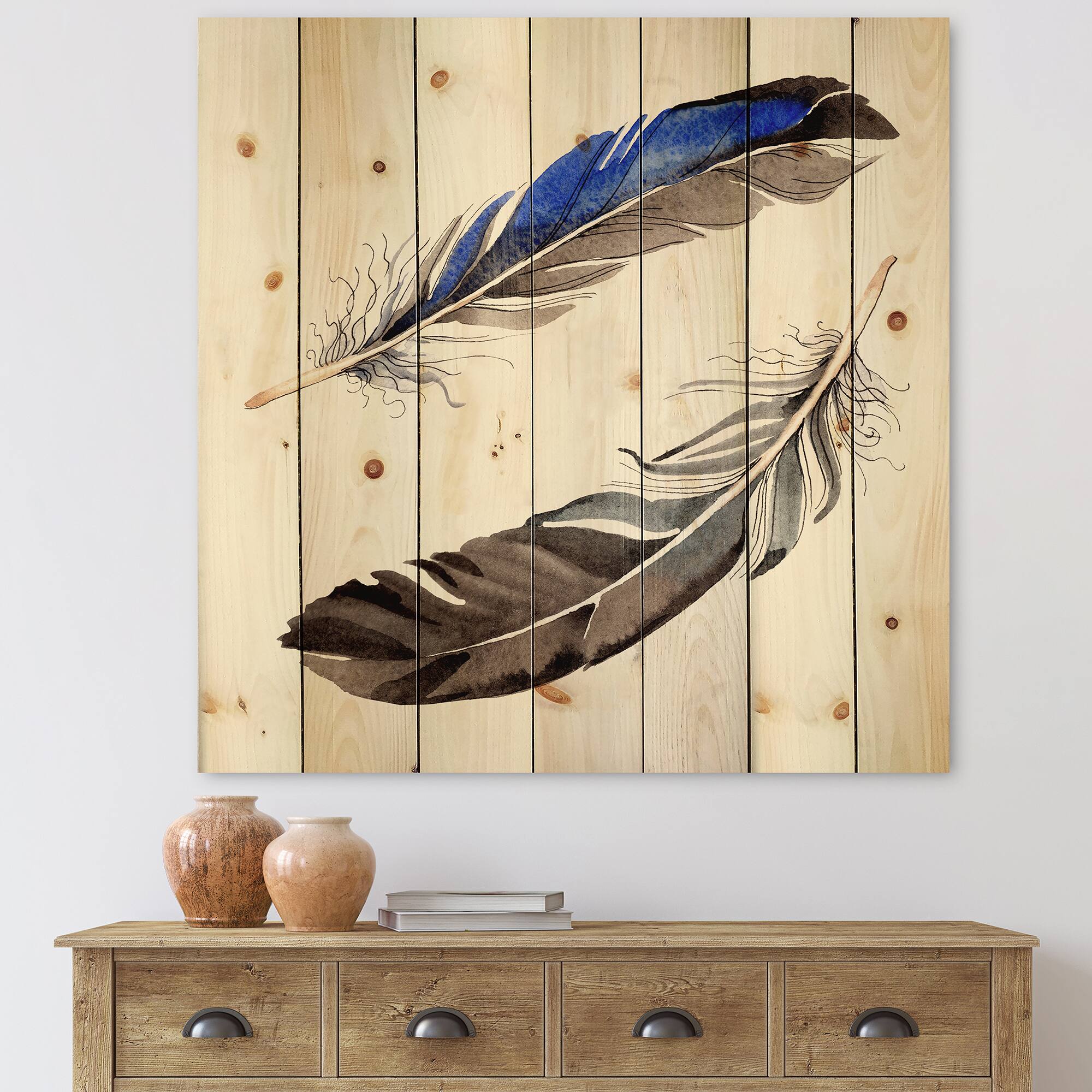 Designart - Colourful Boho Feathers III - Bohemian &#x26; Eclectic Print on Natural Pine Wood