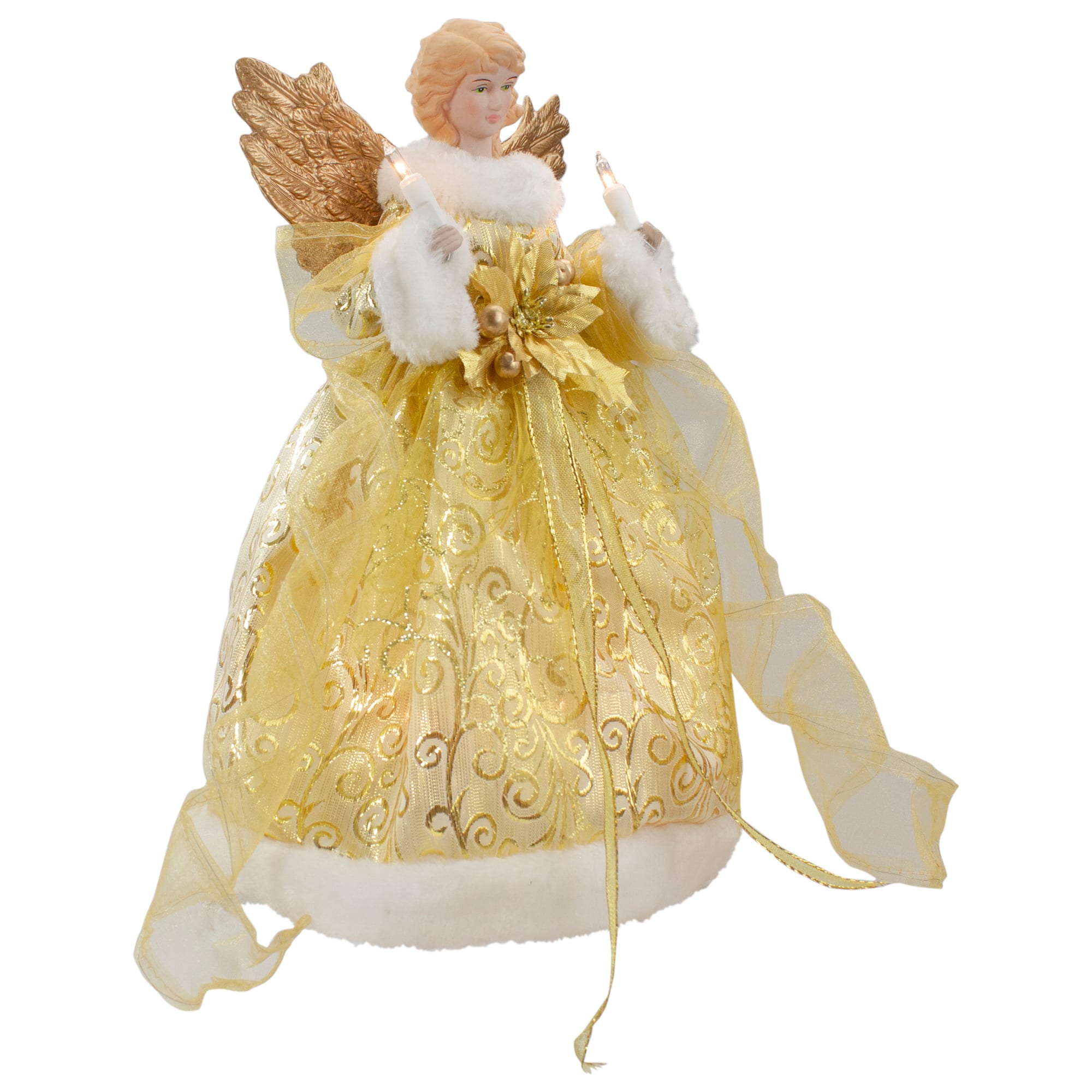 12&#x22; Lighted Gold Angel with Wings Christmas Tree Topper, Clear Lights