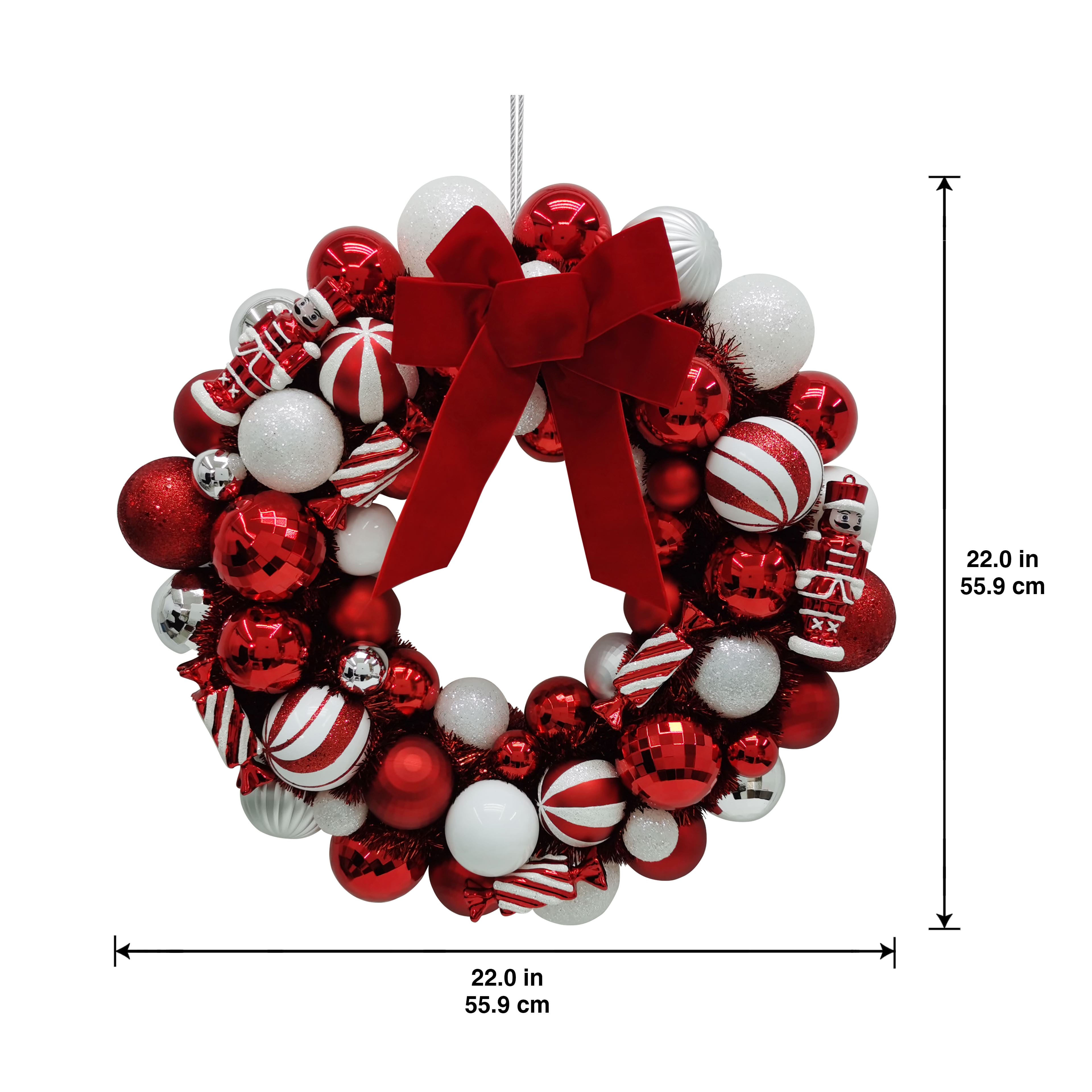 21&#x22;  Red &#x26; White Shatterproof Ornament Wreath with Bow by Ashland&#xAE;