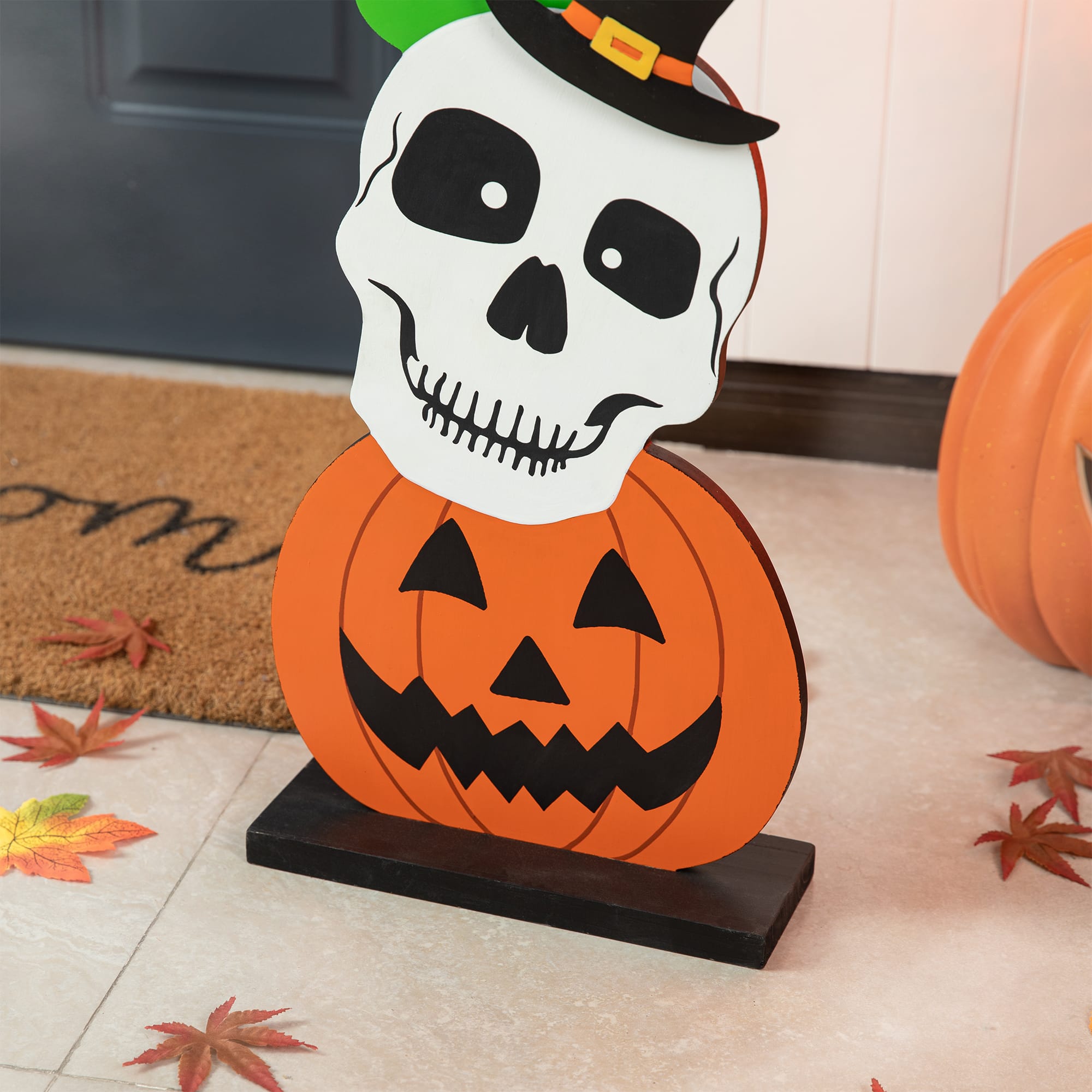 Glitzhome&#xAE; 36&#x22; Halloween Wood Stacked Ghost, Frankenstein, Skull &#x26; Pumpkin Porch D&#xE9;cor