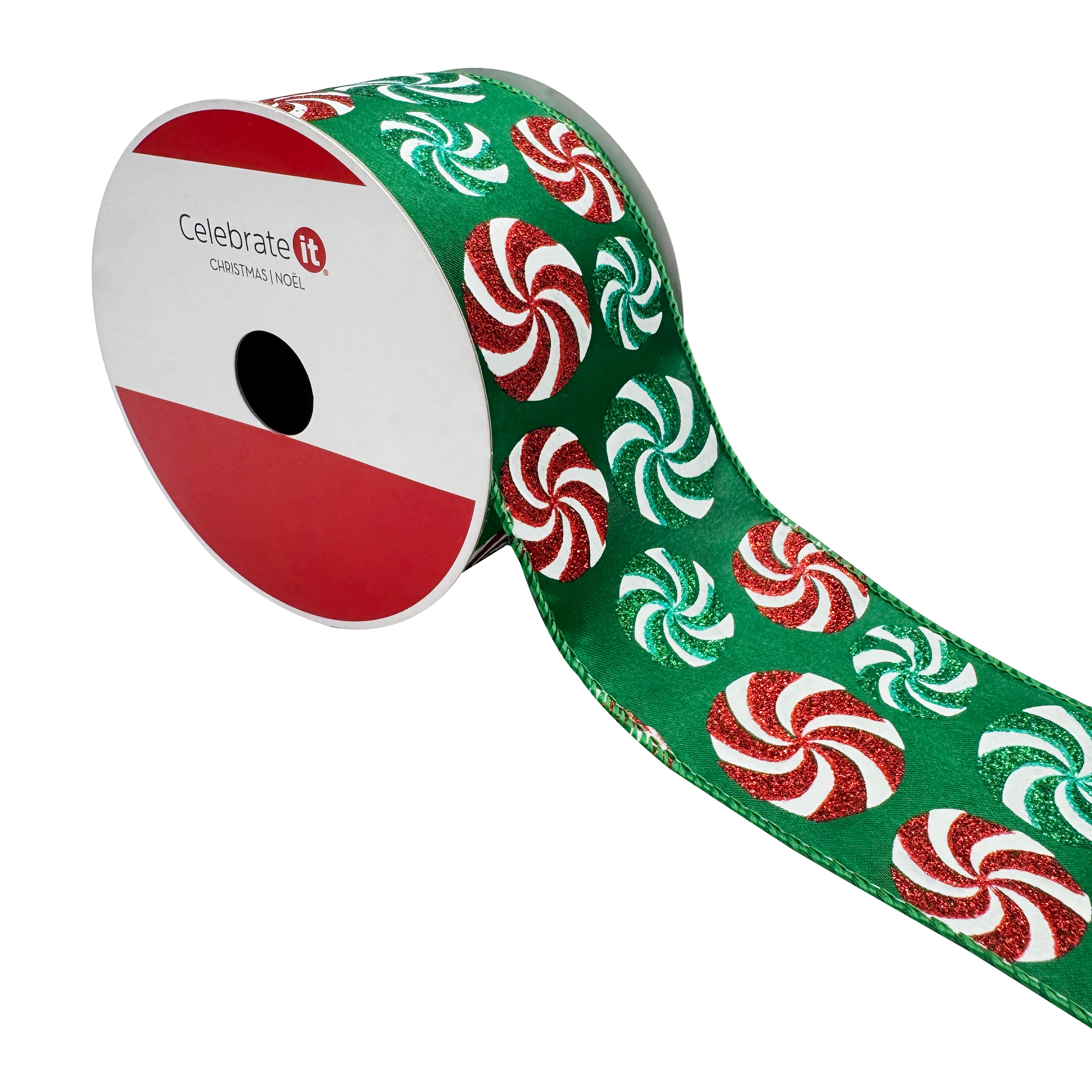 2.5&#x22; x 20ft. Green Glitter Peppermints Wired Ribbon by Celebrate It&#xAE;