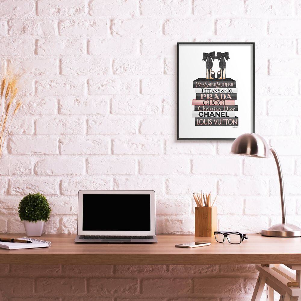 Stupell Industries Elegant Black Bow Heals on Glam Designer Bookstack Framed Wall Art 