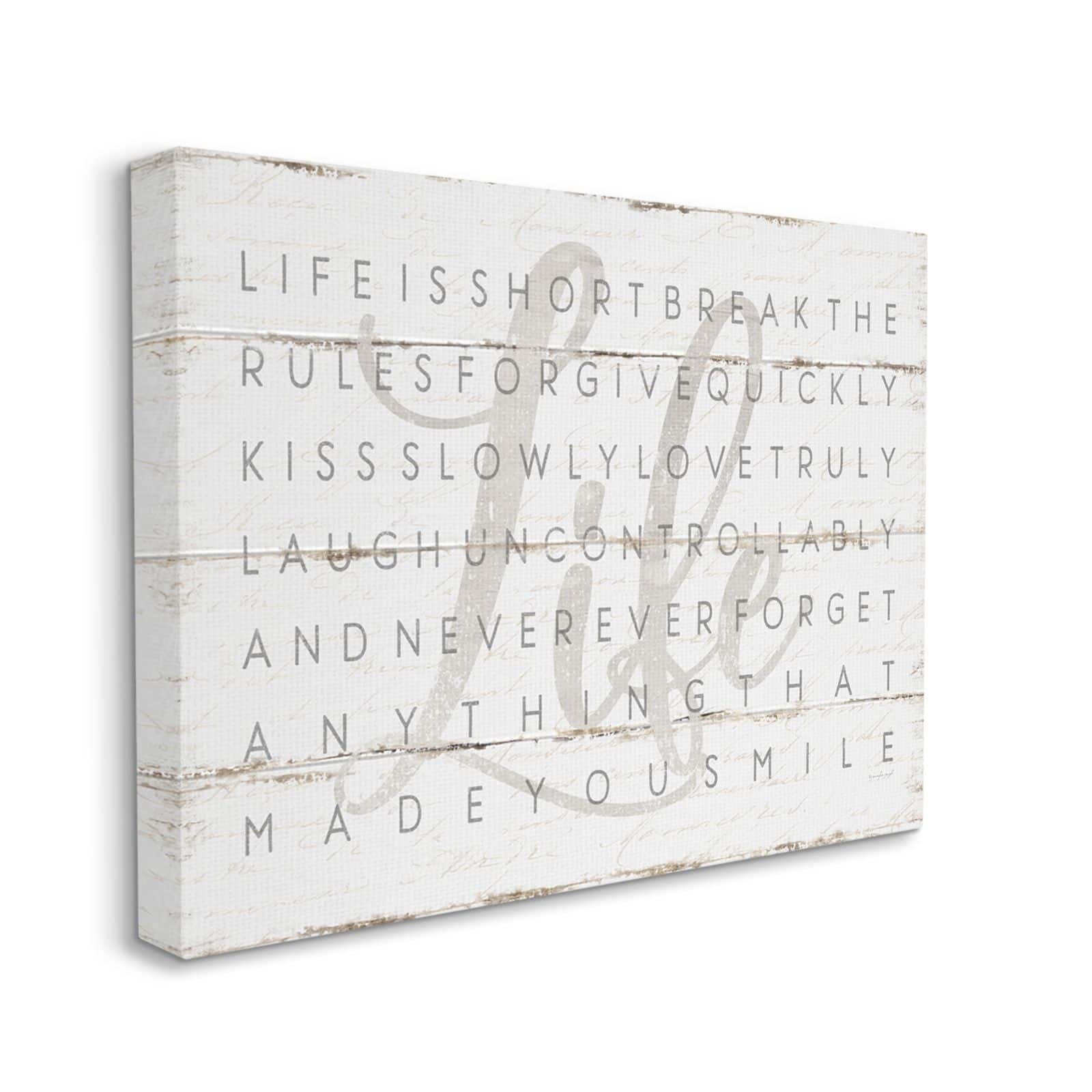 Stupell Industries Life Is Short Smile Grey on White Planked Look Canvas Wall Art