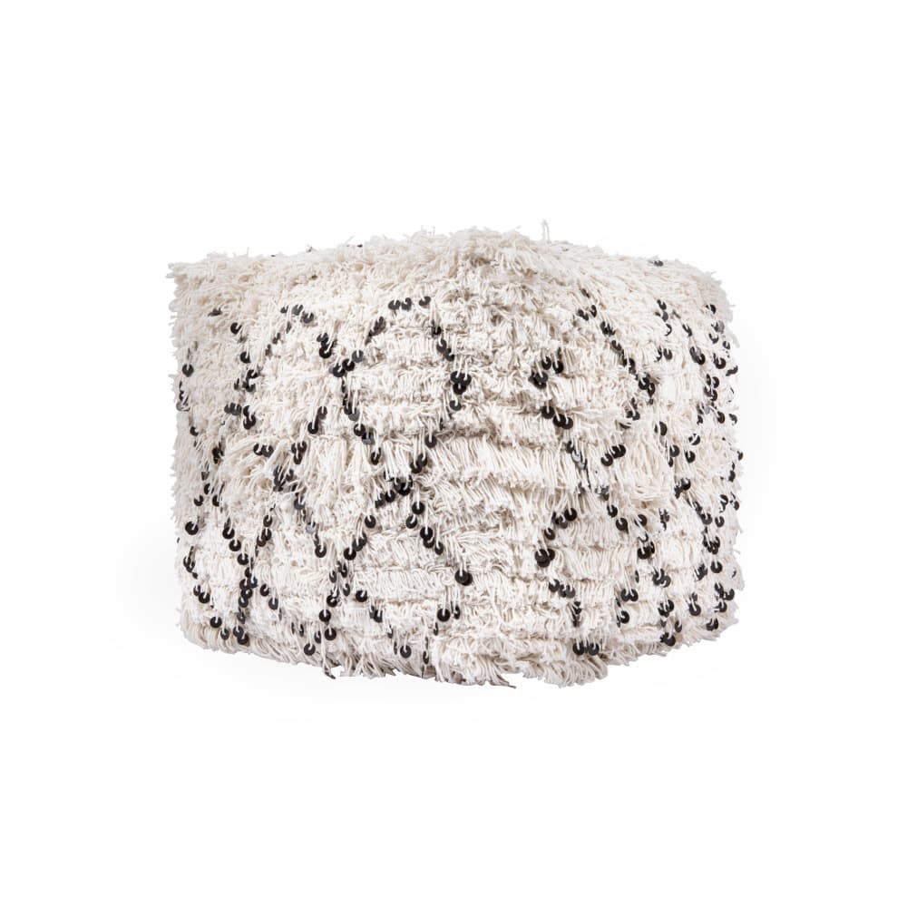 16&#x22; White Moroccan Wedding Quilt Pouf with Fringe &#x26; Sequins