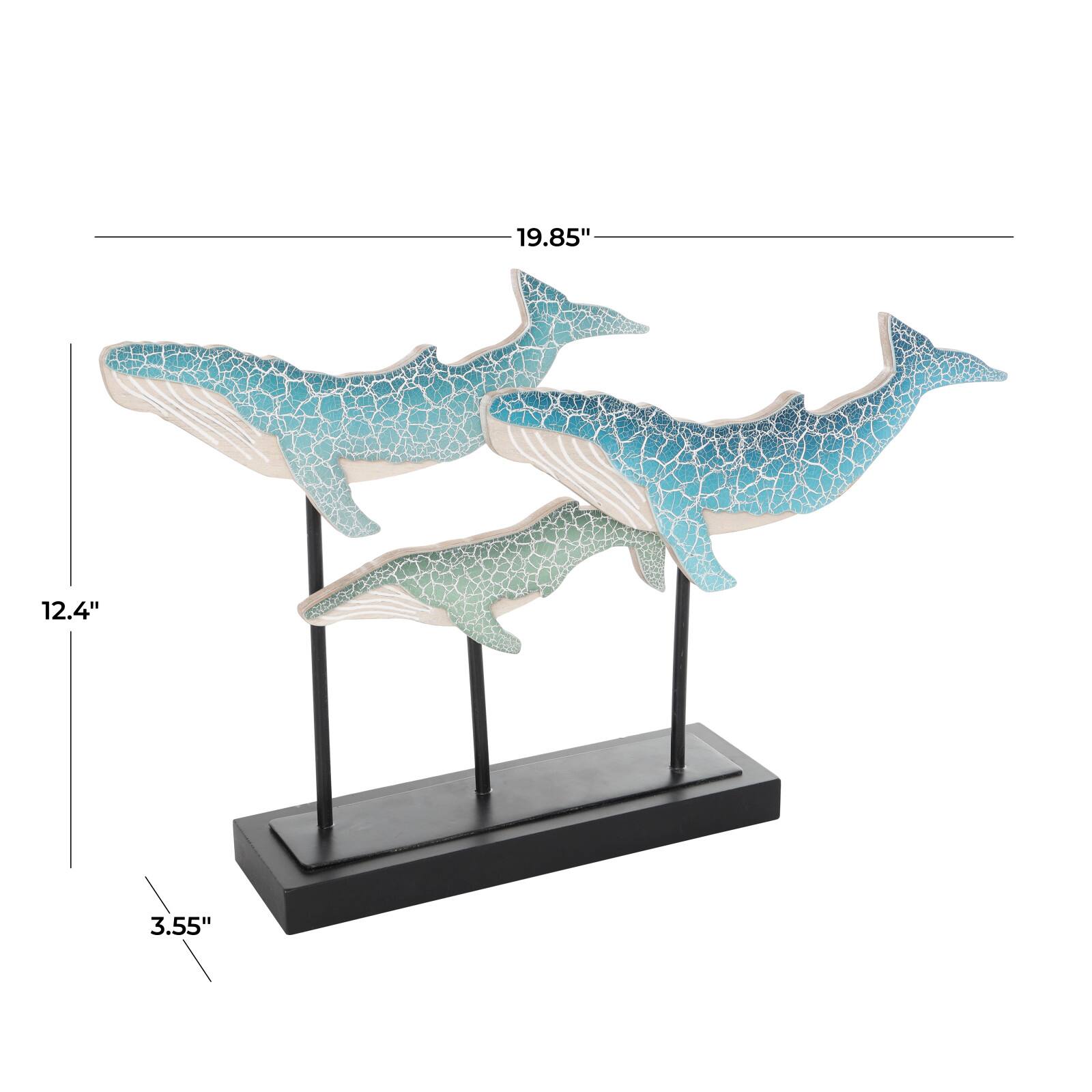 20&#x22; Blue Wooden Whale Textured Sculpture with Black Metal Stand