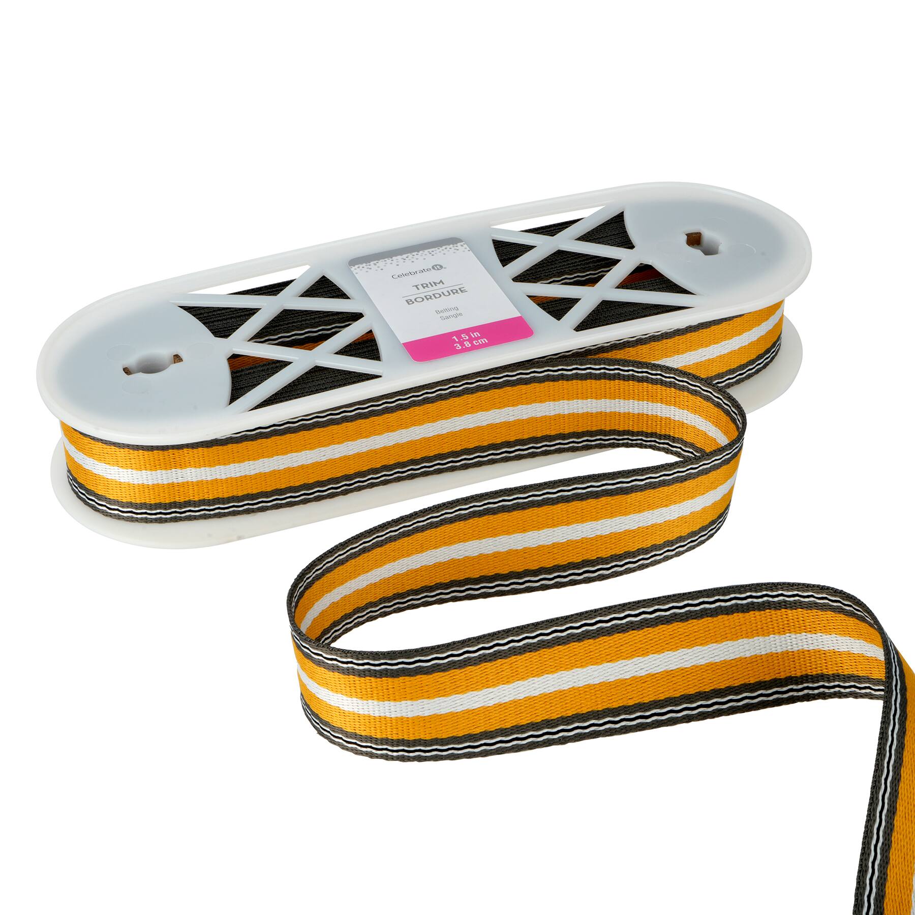 1.5&#x22; Yellow &#x26; Gray Stripes Belting Ribbon by Celebrate It&#xAE;