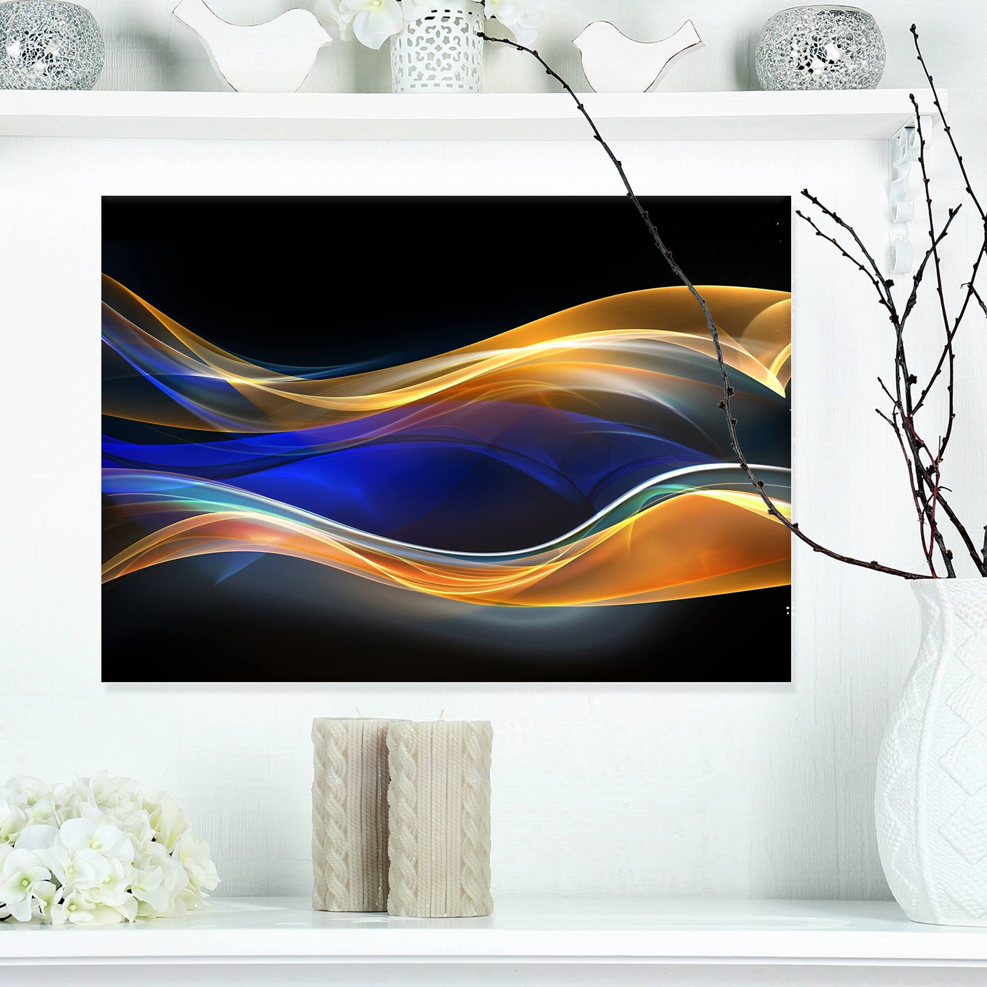 Designart - 3D Gold Blue Wave Design - Abstract Canvas art print