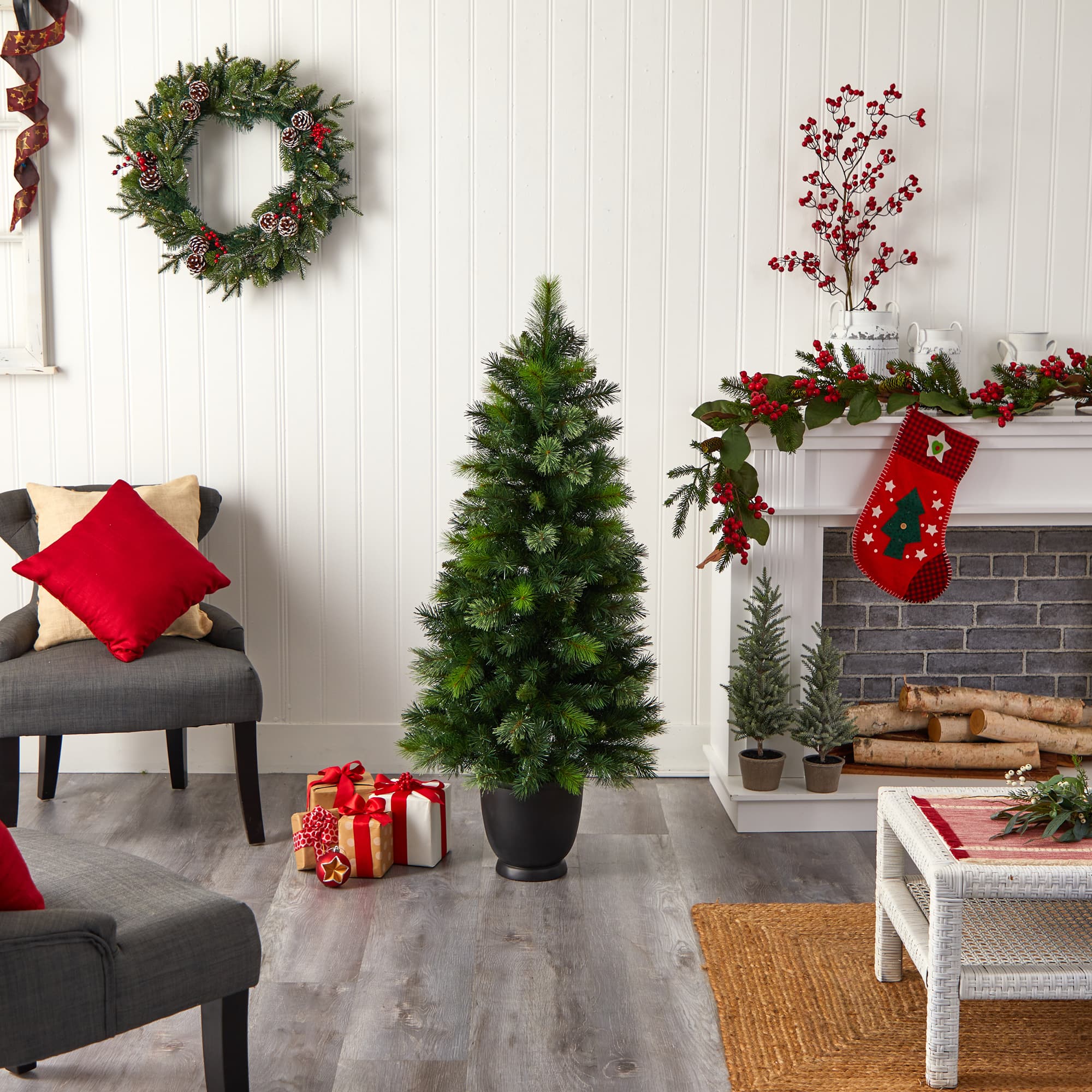 4.5ft. Pre-Lit Oregon Pine Artificial Christmas Tree in Decorative Planter, Warm White Lights