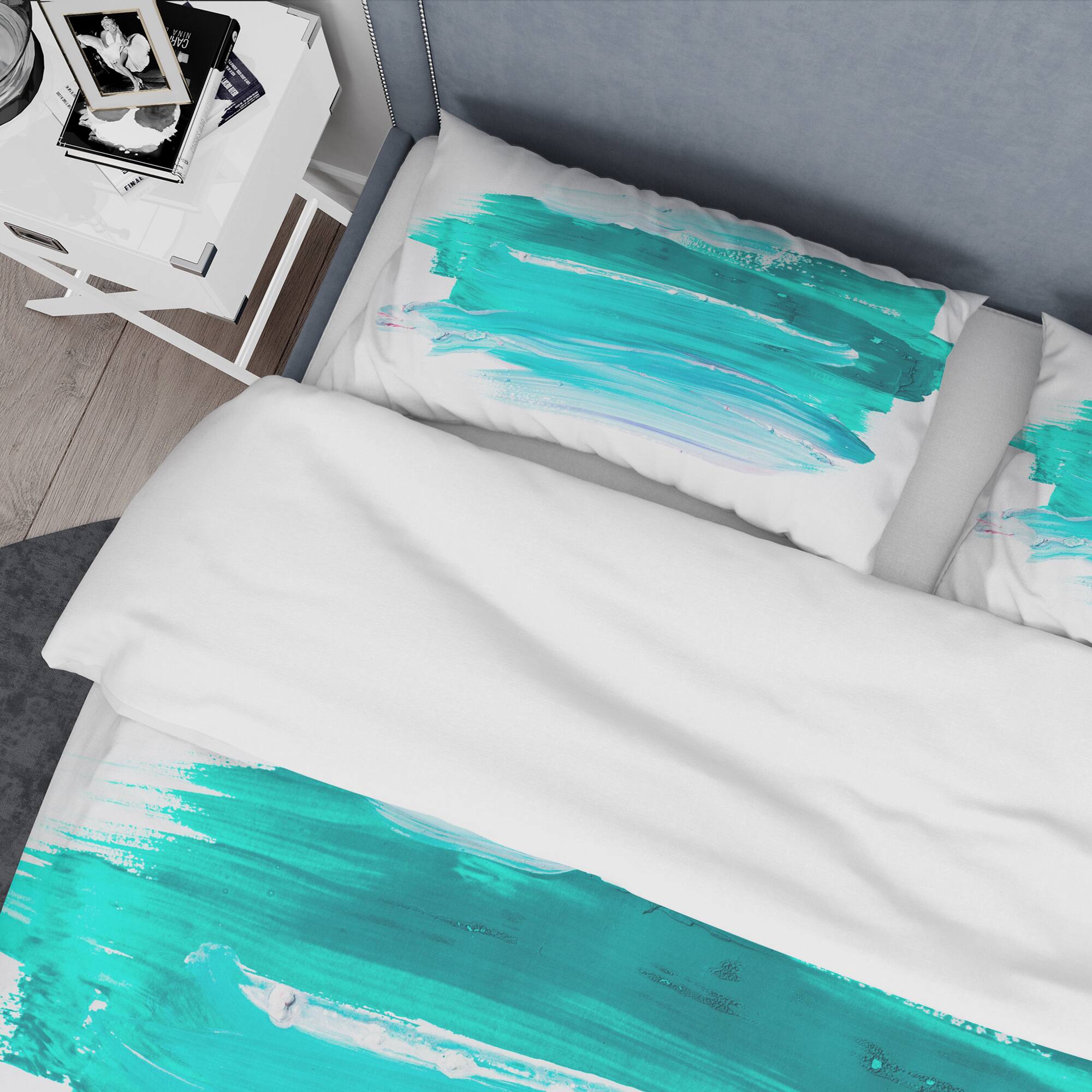 Designart 'Turquoise Paint Strokes on White Background' Abstract Bedding Set - Duvet Cover & Shams